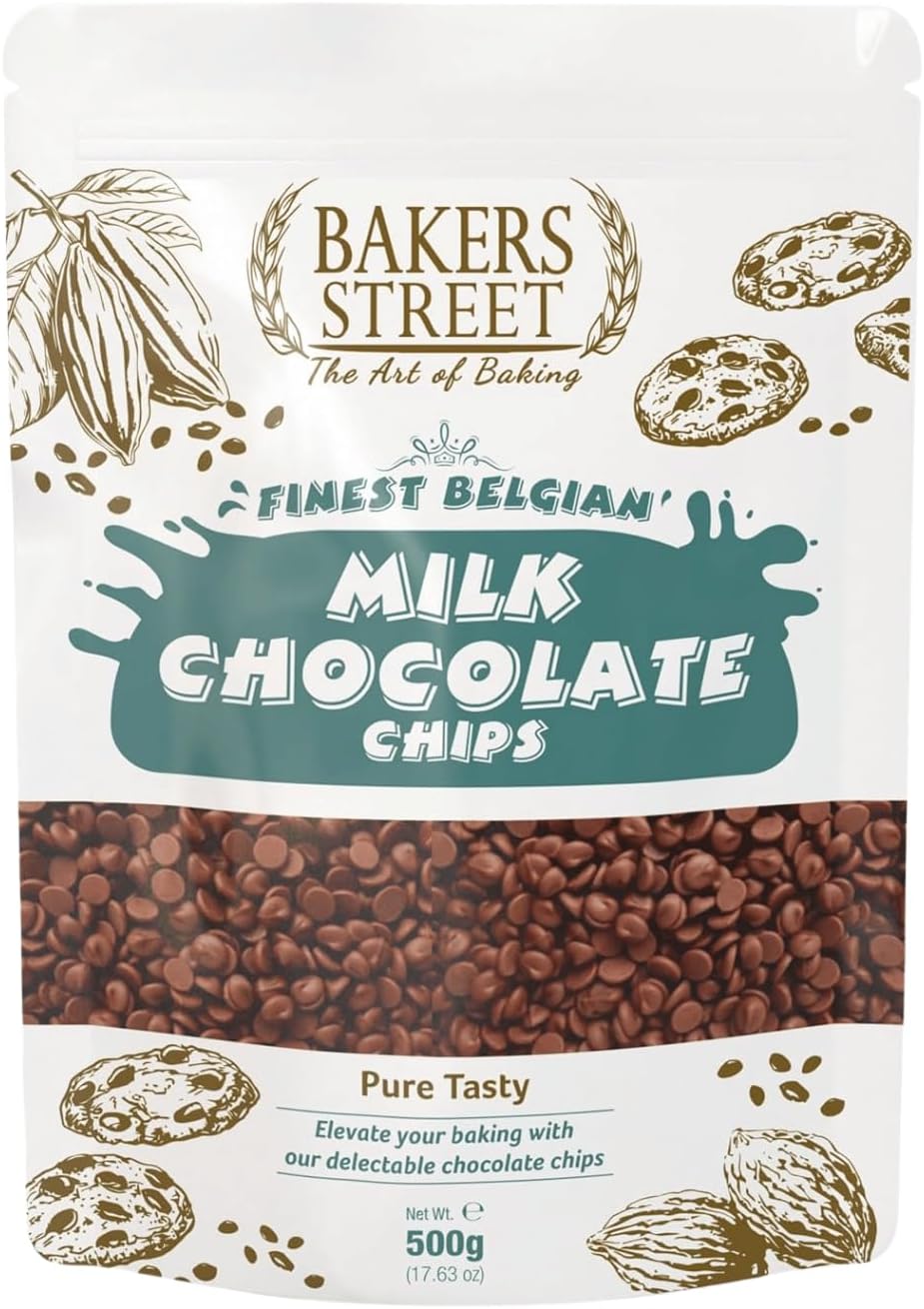 Bakers Street Finest Belgian Milk Chocolate Chips 500g - Premium Quality Chocolate for Baking, Desserts, Cookies, Cakes, Muffins, Cupcakes & Decorating