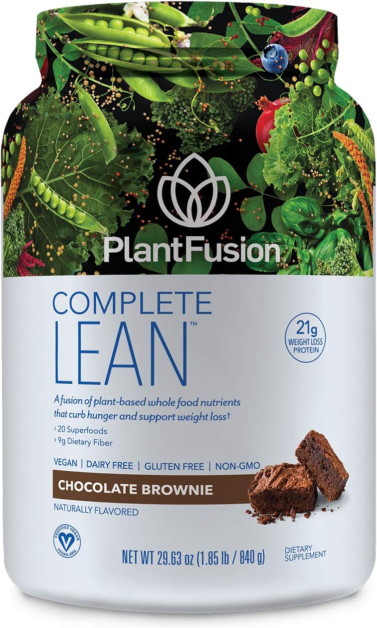 PlantFusion Complete Lean Plant Based Protein Powder - Prebiotic Fiber, Superfoods & Digestive Enzymes - Vegan, Gluten Free, Soy Free, Non-GMO - Chocolate Brownie 1.85 lb