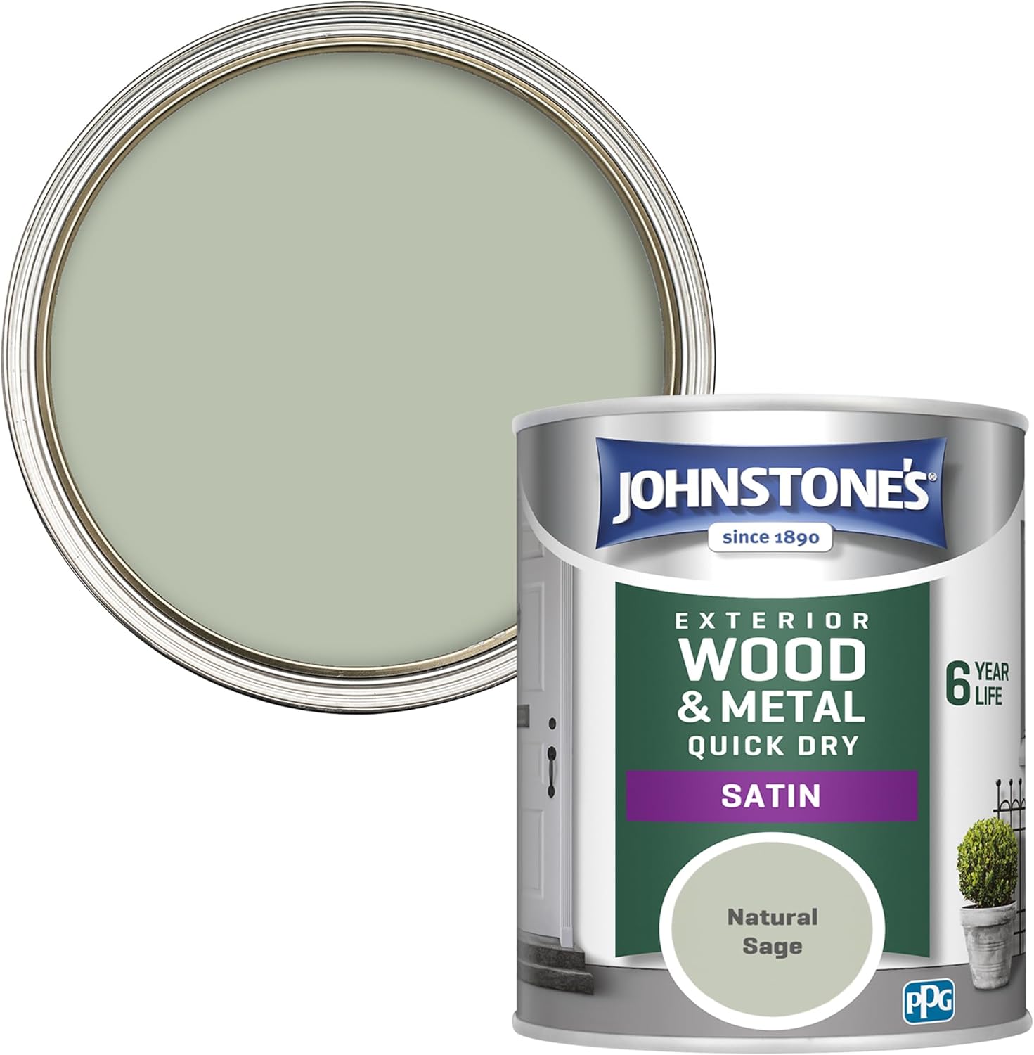 Johnstone's - Quick Dry Satin Natural Sage Finish Exterior Wood & Metal Resistant to cracking peeling 6 years of life 12m2 Coverage per Litre 750 ml (Pack 1)