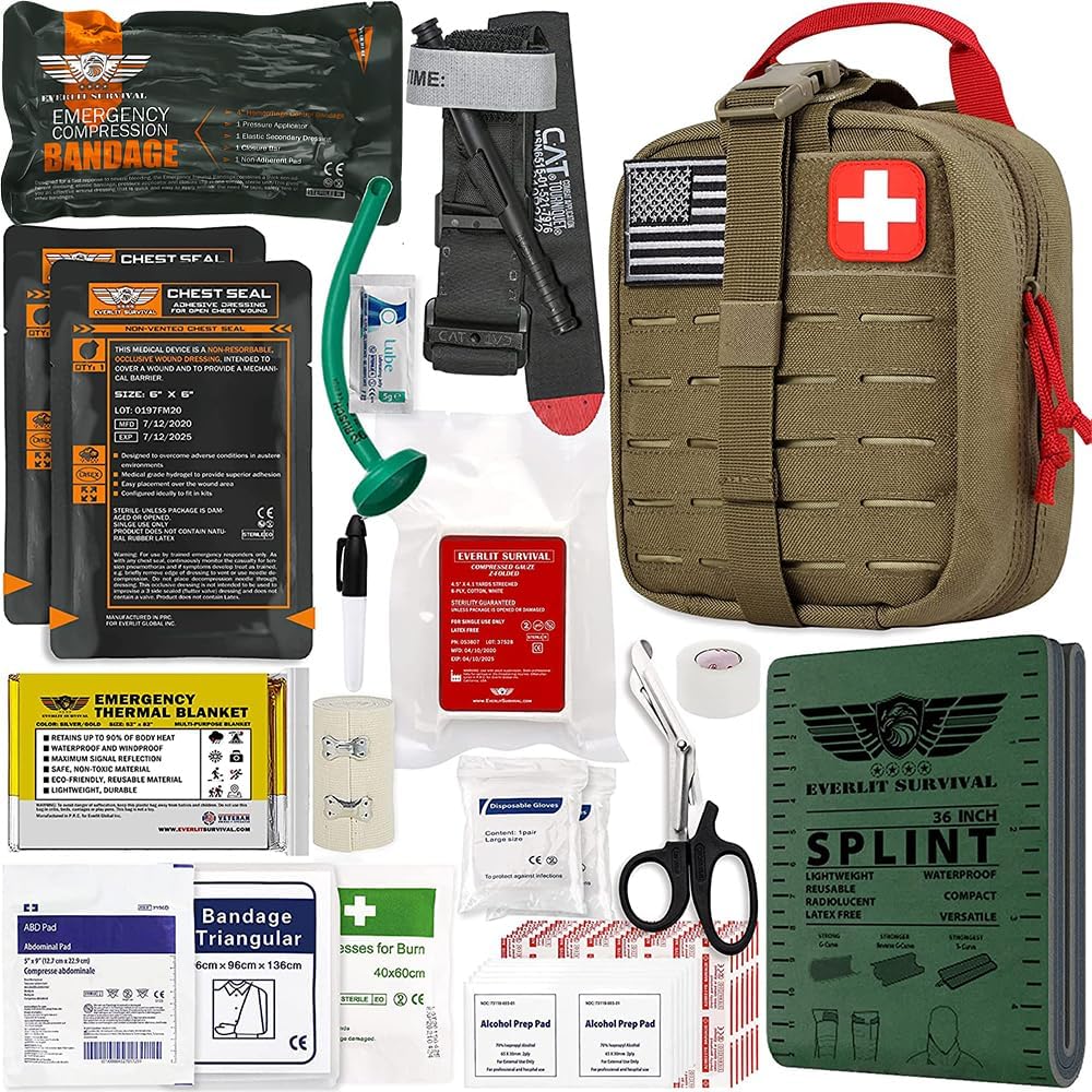 EVERLIT Advanced Emergency Trauma Kit, CAT GEN-7 Tourniquet Mil-Spec Nylon Laser Cut Pouch with 36" Splint, Military Combat Tactical IFAK for First Aid Response Bleeding Control