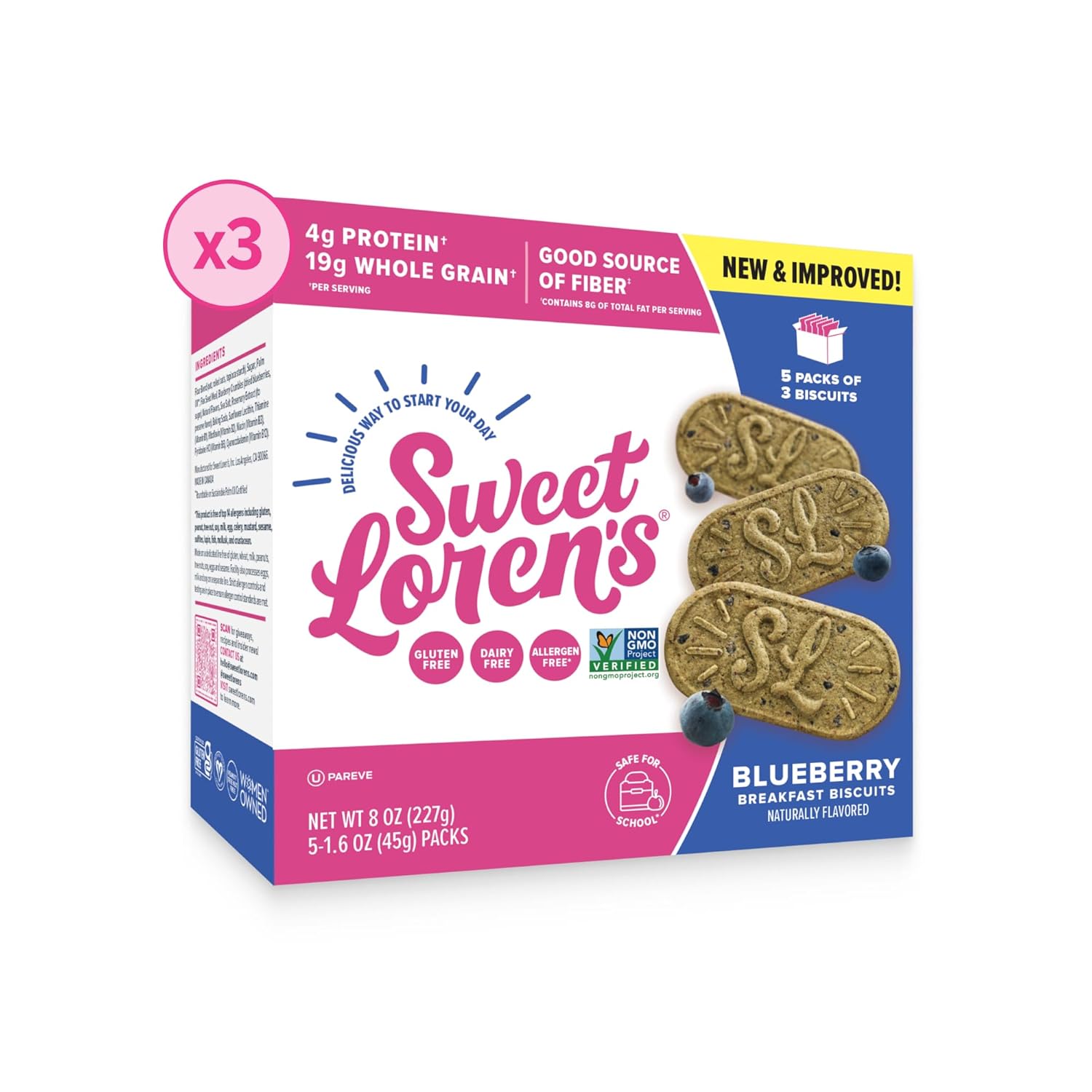 Sweet Loren's Vegan Breakfast Biscuits | Blueberry | 4g Protein, 19g Whole Grains | Plant Based, Gluten Free, Dairy Free, Nut Free Snacks | 3 Pack (15 Total Biscuits, 1.6 ounce each)