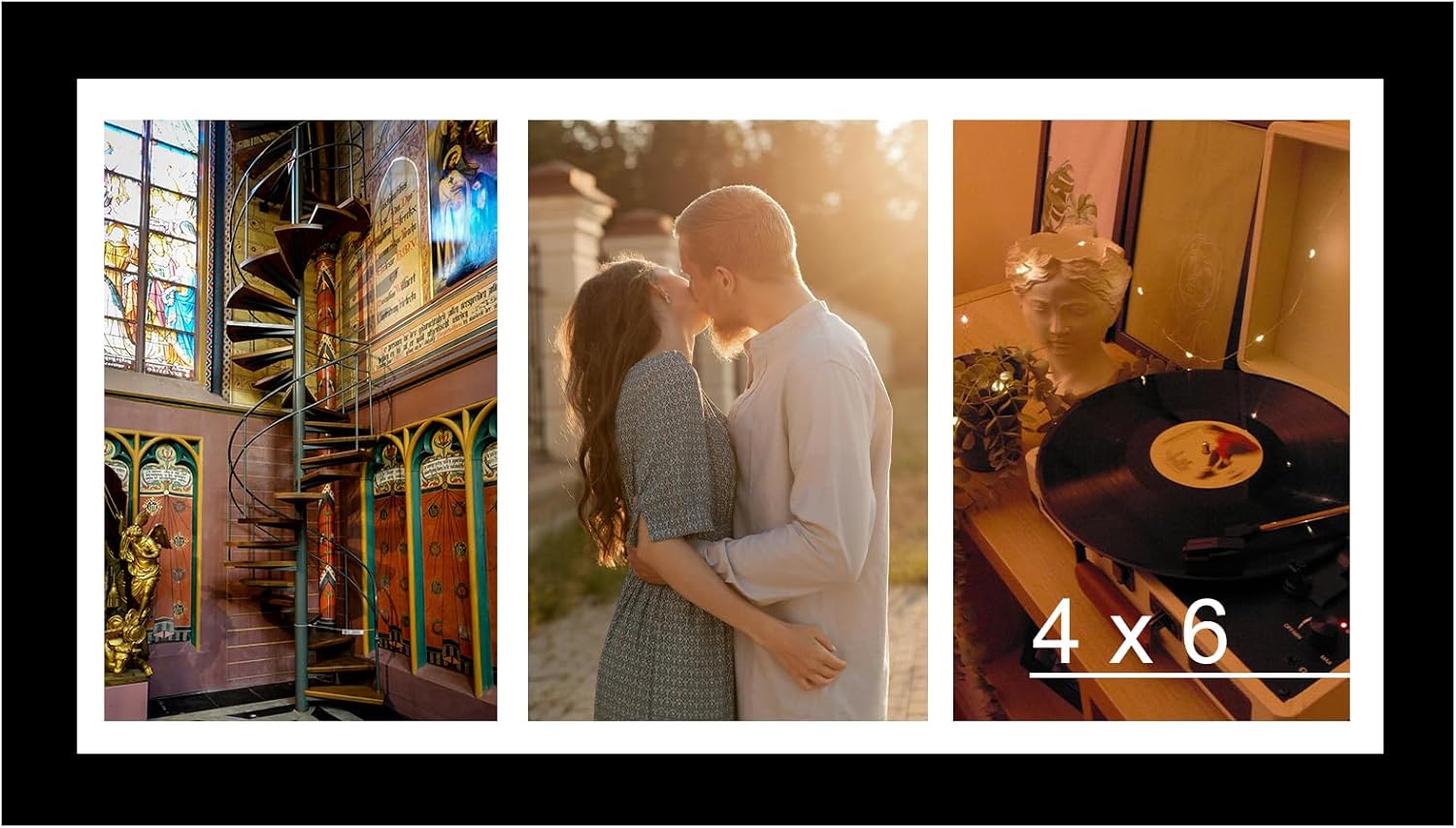 8x16 Collage Picture Frame With Mat, Display 3 Pcs 4x6 Photos, Three Opening for Wall Hanging or Tabletop, Lightweight Triple Frame, Black