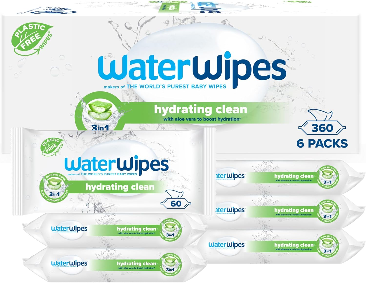 WaterWipes Hydrating Clean Baby Wipes, 360 Count (6 Packs), 99% Water-Based Wipes with Aloe Vera, Unscented, Packaging May Vary