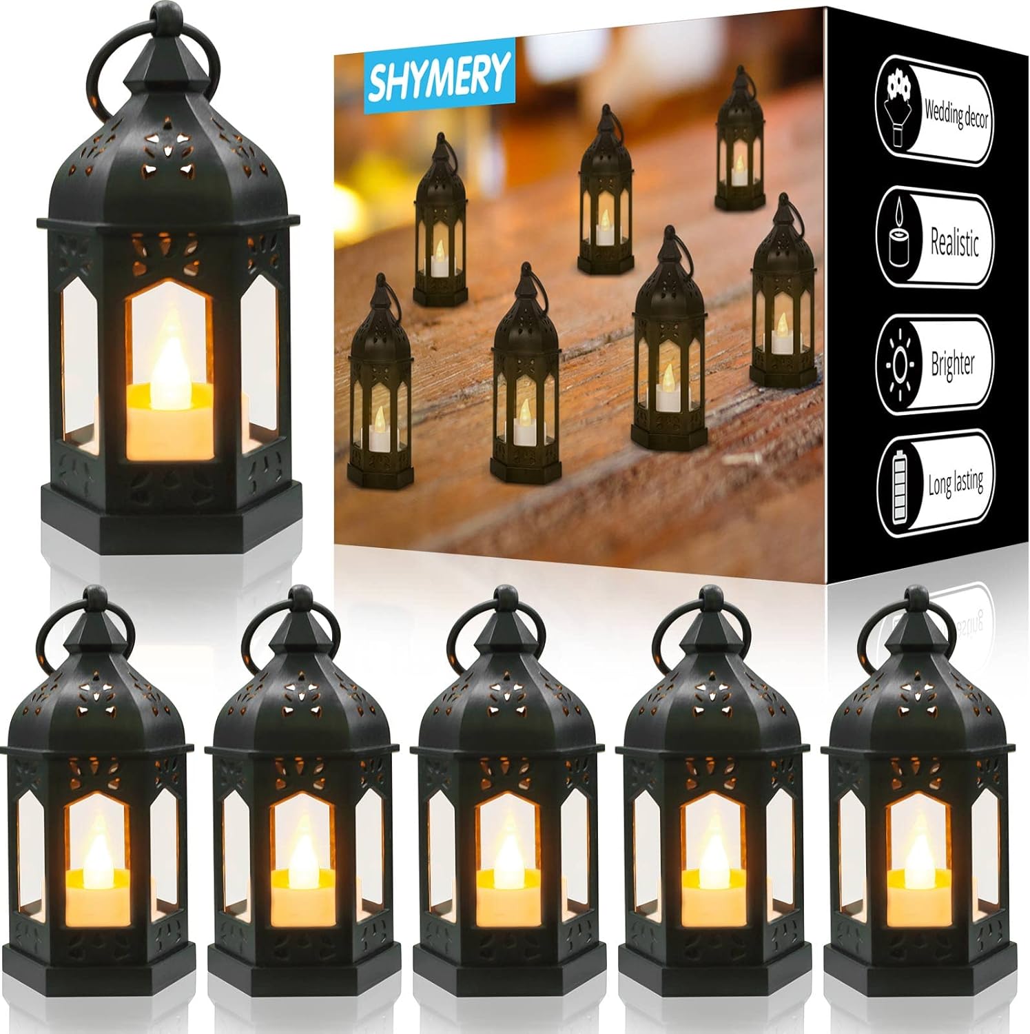 SHYMERY Mini Lantern with Flickering LED Candles,Vintage Black Decorative Hanging Candle Lanterns for Halloween,Wedding Decorations,Christmas,Table Centerpiece,Battery Included（Set of 6）