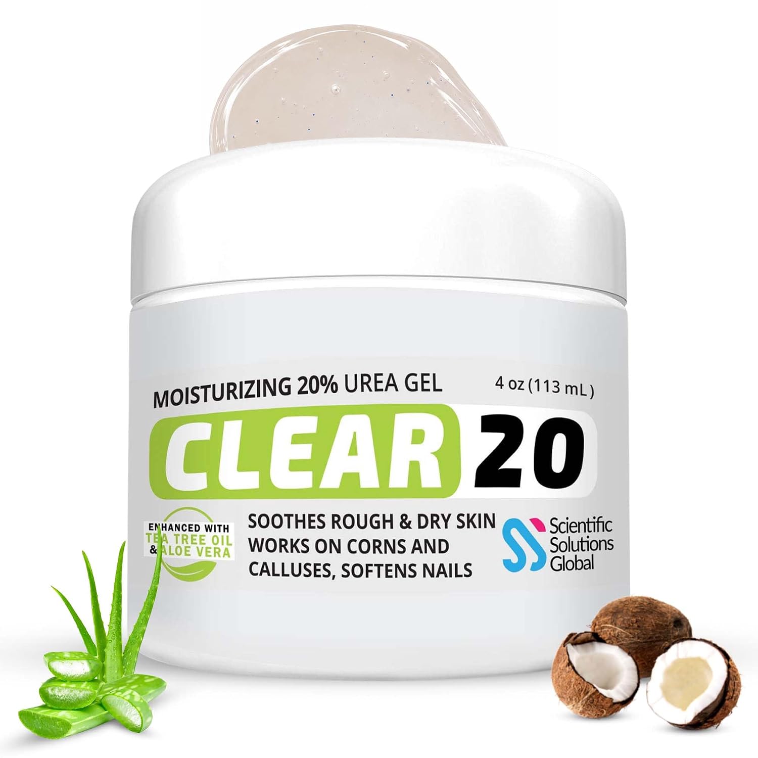 CLEAR 20, 20% Urea Gel, 4 oz w/ Tea Tree & Coconut Oil, Aloe Vera Extract | Callus & Corn Remover Moisturizes & Softens Cracked Heels, Feet, Elbows, Hands, Nails, Superior hydration to Urea Creams