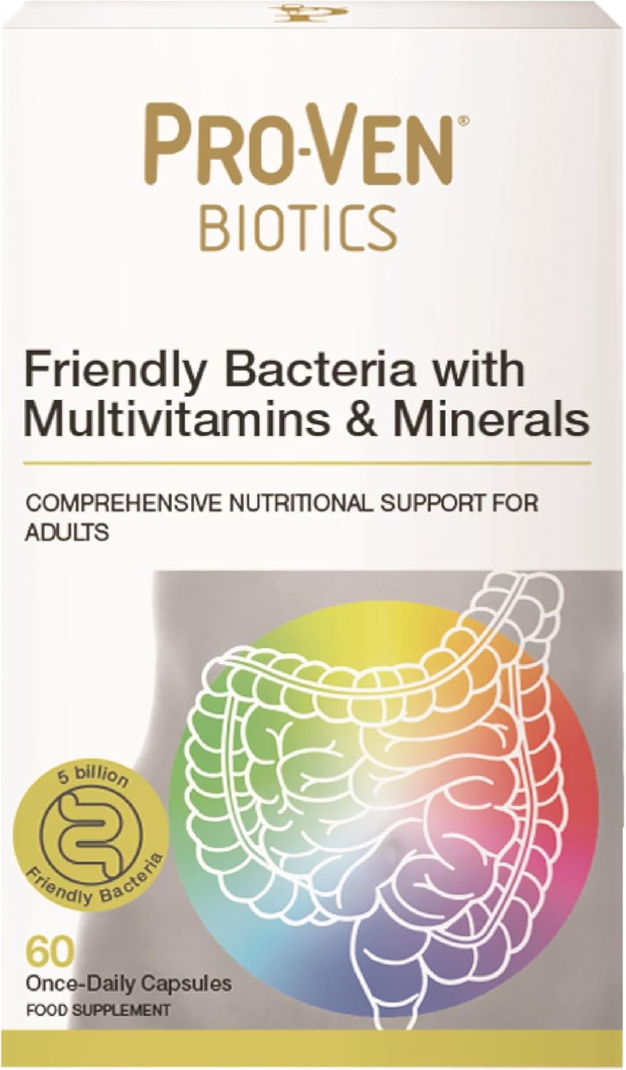 Pro-Ven Probiotics Once Daily 5 Billion CFU Adult Friendly Gut Bacteria +100% NRV Multivitamins & Minerals - 60 Day Supply - Complete Nutritional Support Men Womens Multi Strain Cultures