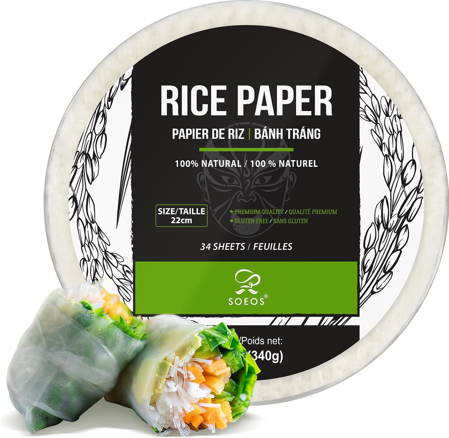 Soeos Rice Paper, 1 Pack, 34 Sheets, Round, 22cm