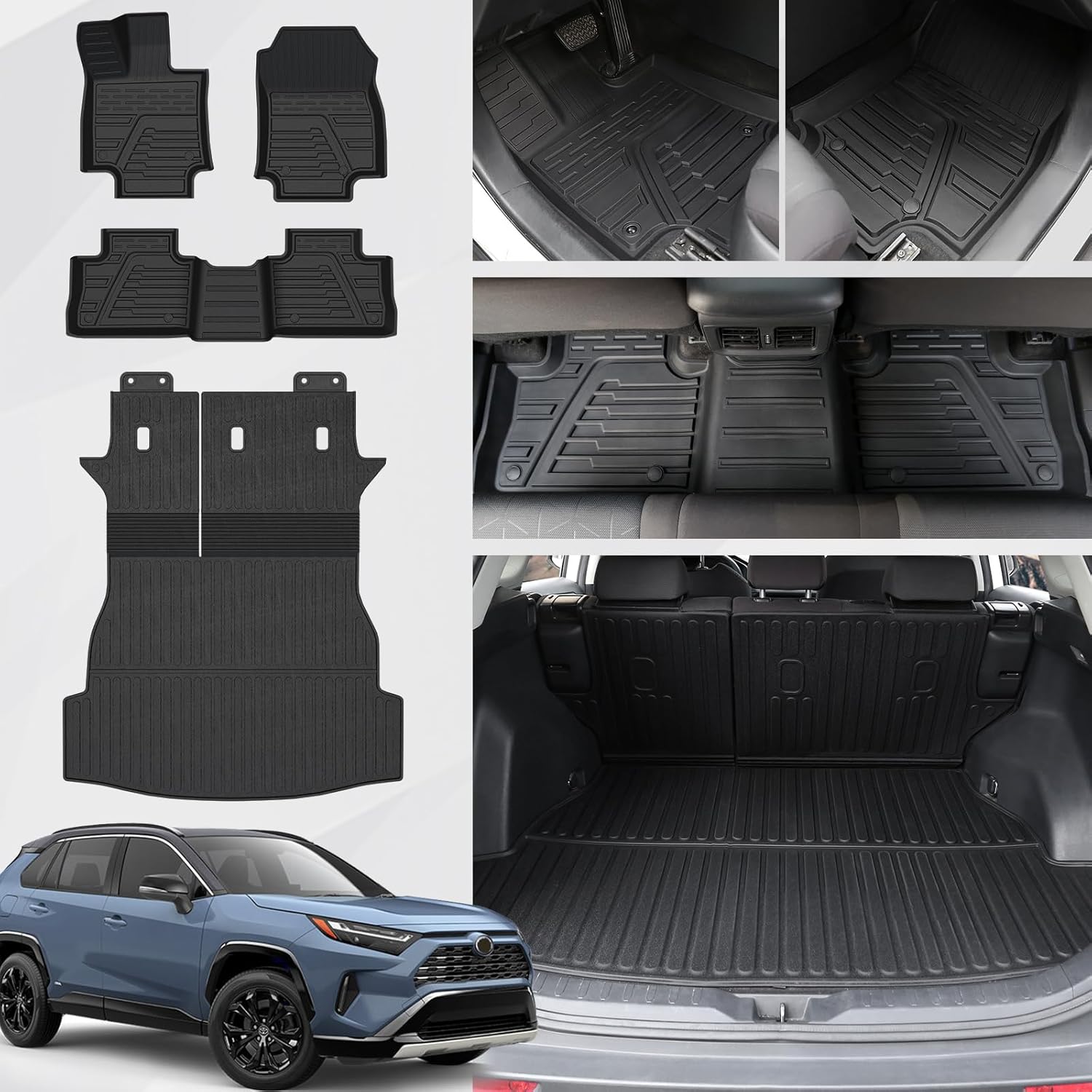 Floor Mats Set for Toyota RAV4 2019-2025 (Include Hybrid), Extra Door Sill Guards, TPE All Weather Cargo Mat Backrest Mat Cargo Liner Car Accessories (Trunk Mat with Backrest Mat+Floor Mat)