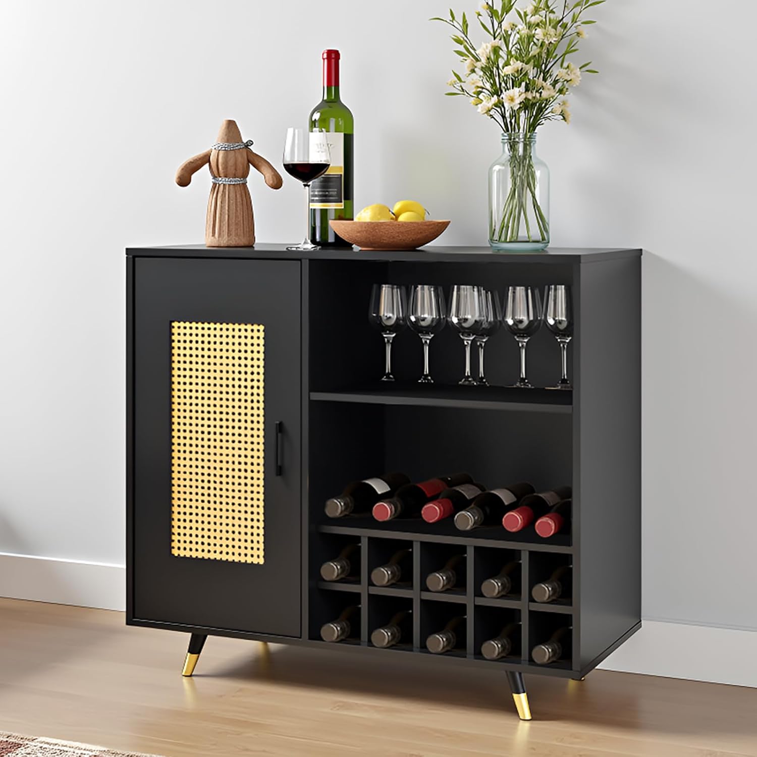 Liquor & Wine Cabinet, Coffee Bar Cabinet with 9-Bottle Wine Rack, Rattan Doors & Gold-Tip Legs, Sideboard Buffet for Kitchen, Dining Room, Living Room (Black, W-31.5in)
