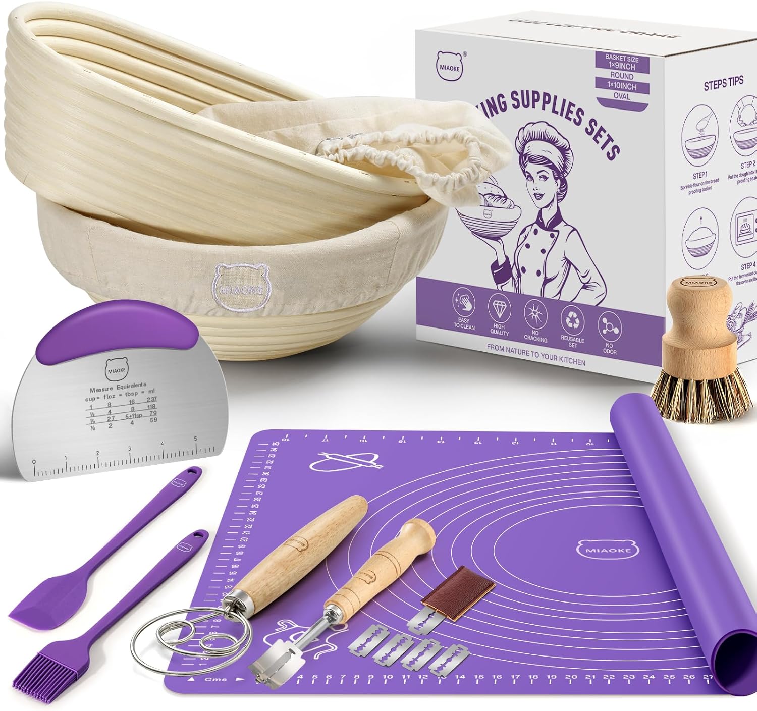 MIAOKE Sourdough Bread Baking Supplies Kit - Dough Whisk, Bread Lame, Proofing Baskets 10 Inch Round and 9 Oval, Dough Scrapers, Cooking Brush, Basket Liners Complete Sourdough Starter Bread Gift Set