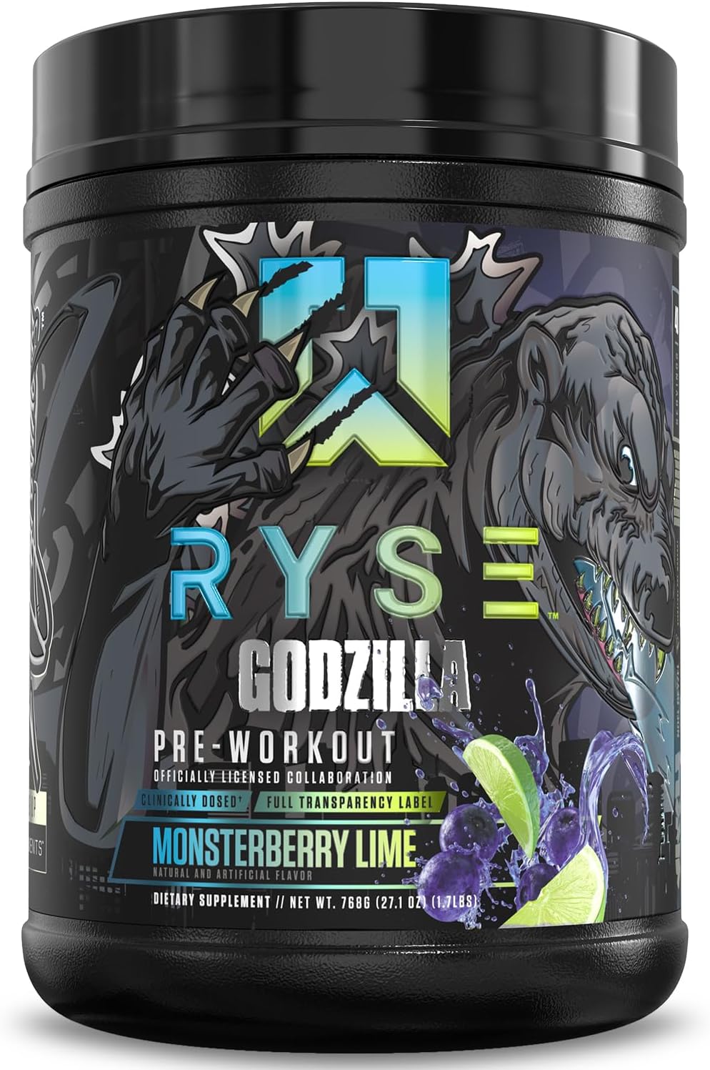 RYSE Godzilla X Noel Deyzel Pre Workout Powder - Monsterberry Lime - 400mg Caffeine, High Stim Pre-Workout for Men & Women with Citrulline & Beta Alanine - Energy, Pump & Focus - 20/40 Servings