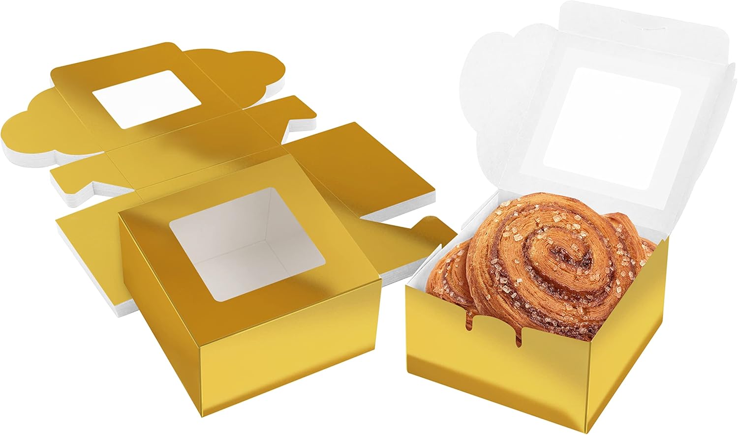 BELLE VOUS Gold Paper Kraft Single Bakery Pastry Boxes with Windows (50 Pack) - 10.16 x 10.16 x 5.7cm/ 4 x 4 x 2.24 inches - Disposable Packaging Boxes for Cookies, Cup Cakes, Desserts, Pies & Gifts