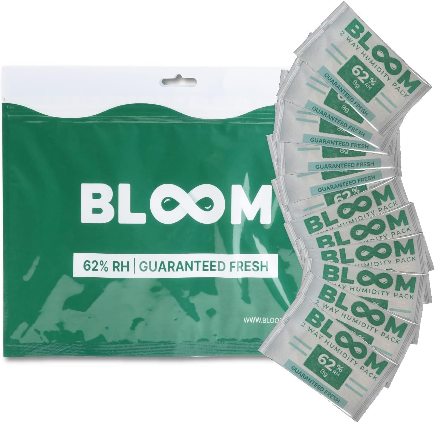 BLOOM 62% Humidity Packs by Herb Guard (10 Pack) - 8g Guaranteed to Keep Up to 1 Ounce Fresh for Months & Revive Dry Contents Back to Life
