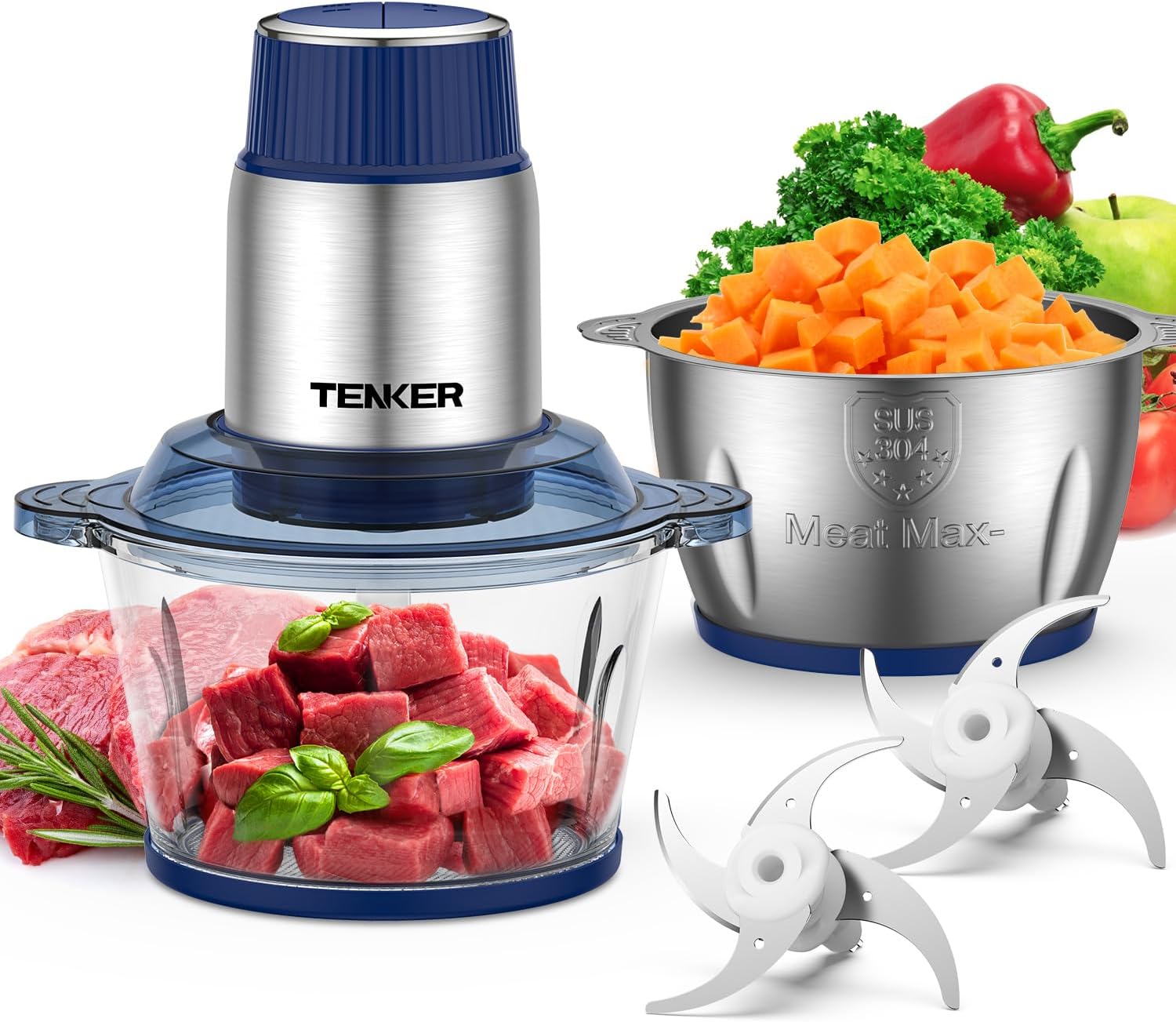 TENKER Food Processor with 2 Bowls (2L+2L), Electric Food Chopper with 2 Sets of Bi-Level Blades, Meat Grinder for Meat, Vegetables, Fruits and Nuts, BPA Free, Safety for Baby Food