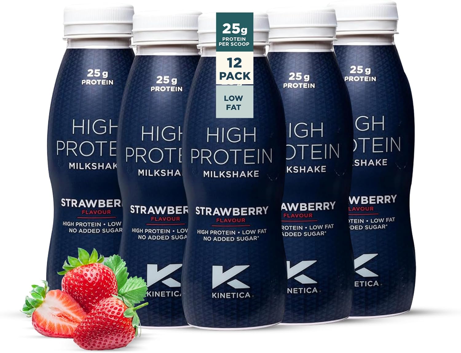 Kinetica Sports Ready-to-Drink High Protein Milkshake - Strawberry Flavour | 25g Protein/Bottle, 12 X 330ml Pack | High Protein, Low Fat & No Added Sugar |Convenient, high protein option for on-the-go