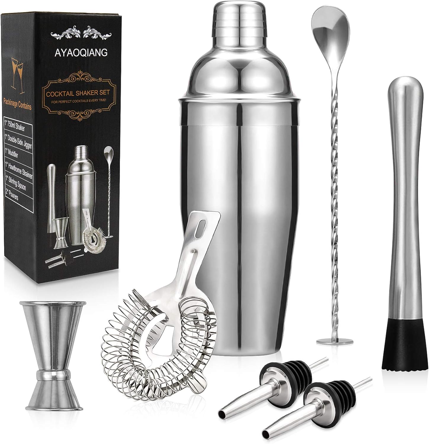 Cocktail Shakers Set,7 Pieces Cocktail Making Kit,Cocktail Shaker Set 750ml Stainless Steel Bar Tool Set Bartender Kit with Double Jigger,Muddler,Strainer,Pourers,Mixing Spoon