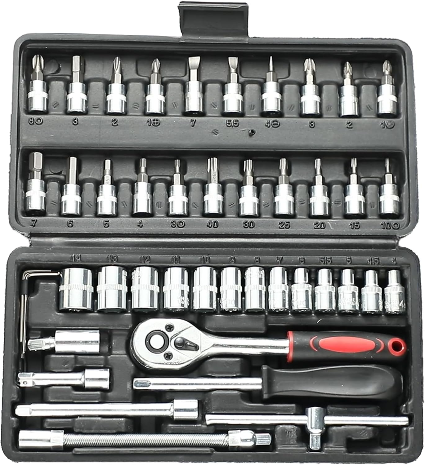 Pamatio 46-Piece 1/4" Drive Socket Set with Bits, Quick Release Ratchet Wrench Set - Extension Bar Socket Spanner Tool Set for Household DIY, Bike Repair