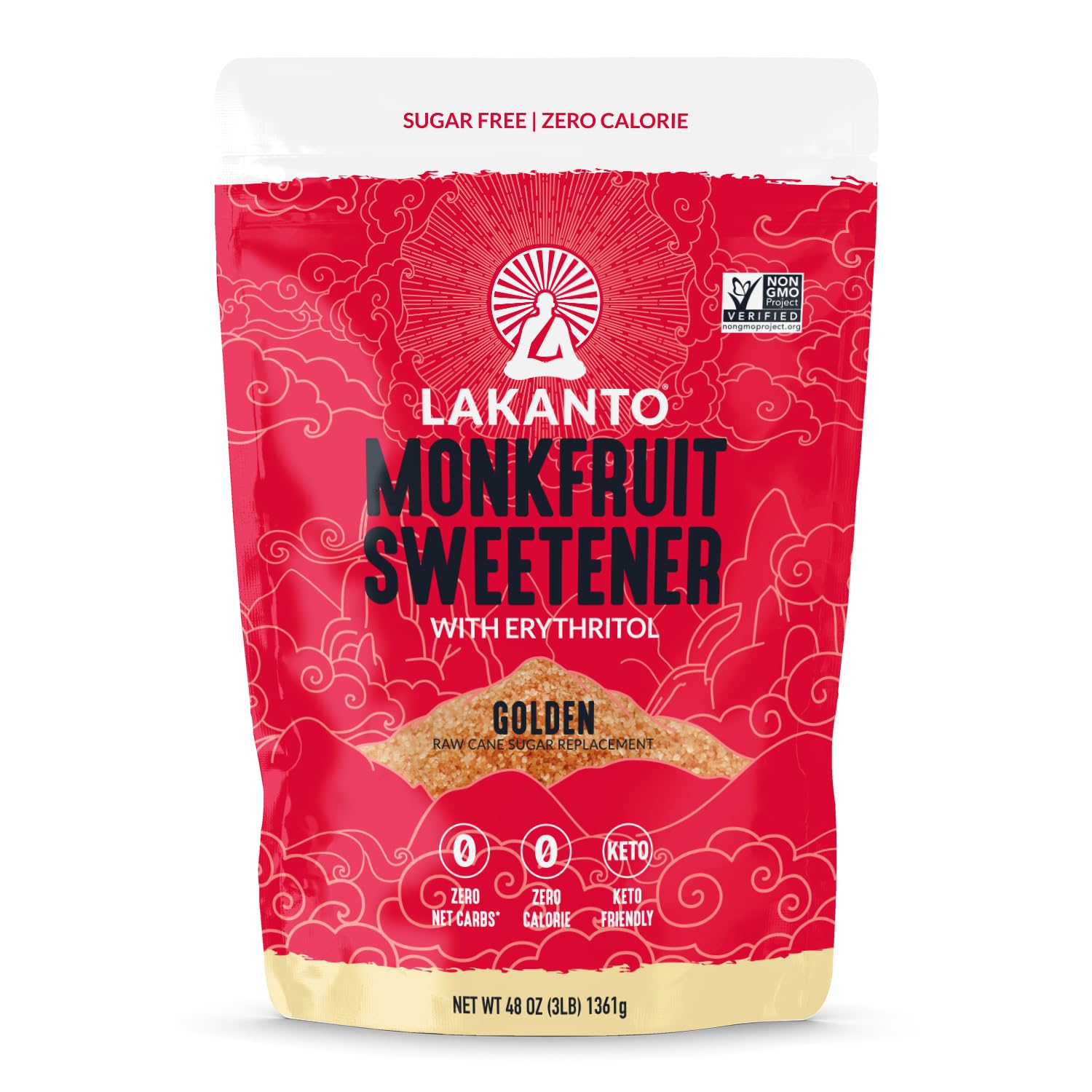 Lakanto Golden Monk Fruit Sweetener With Erythritol, Raw Cane Sugar Substitute From Monk Fruit Extract, Raw Sugar Replacement for Baking, Coffee & Tea, Gluten Free, Low Carb, Non GMO, Keto, 3 LB Bag