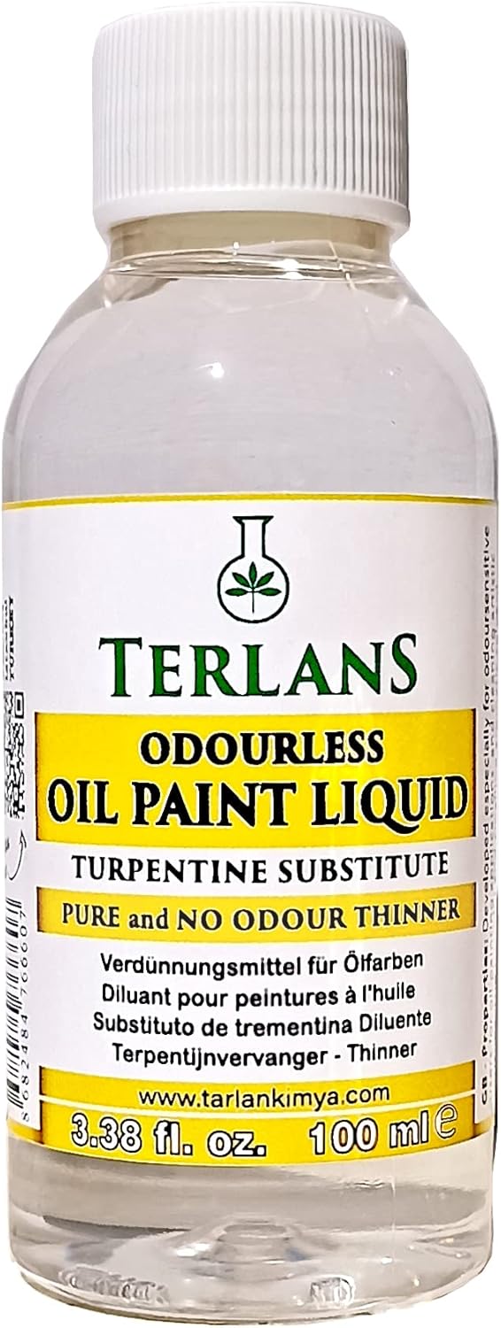 TERLANS Oil Paint Thinner, 100 ml (3.38 Fl. Oz.) Completely Odorless Liquid for Oil Painting/Turpentine Substitute/Degreaser