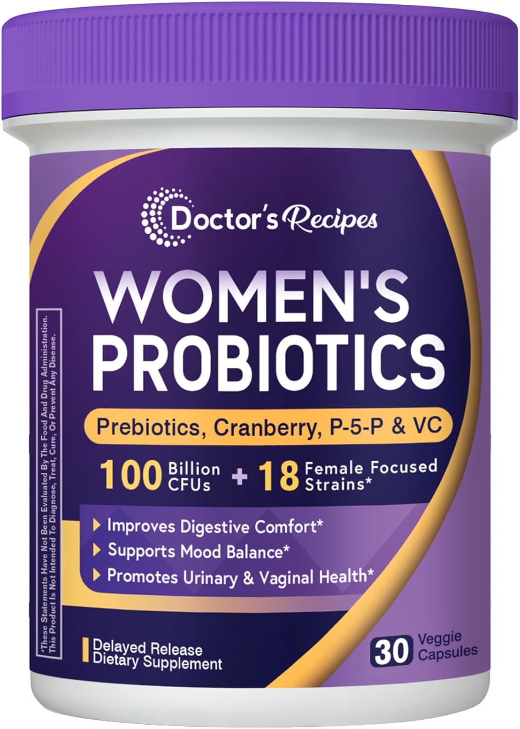 Doctor's Recipes Probiotics for Women, 100 Billion CFU, 18 Probiotic Strains, Prebiotics, Cranberry, P-5-P & VC, Vaginal, Digestive, Mood, Urinary Tract Health, Shelf-Stable, 30 Vegan Caps