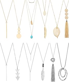 Hicarer 12 Pieces Long Pendant Necklace Set Y Tassel Leaf Circle Bar Necklace for Women