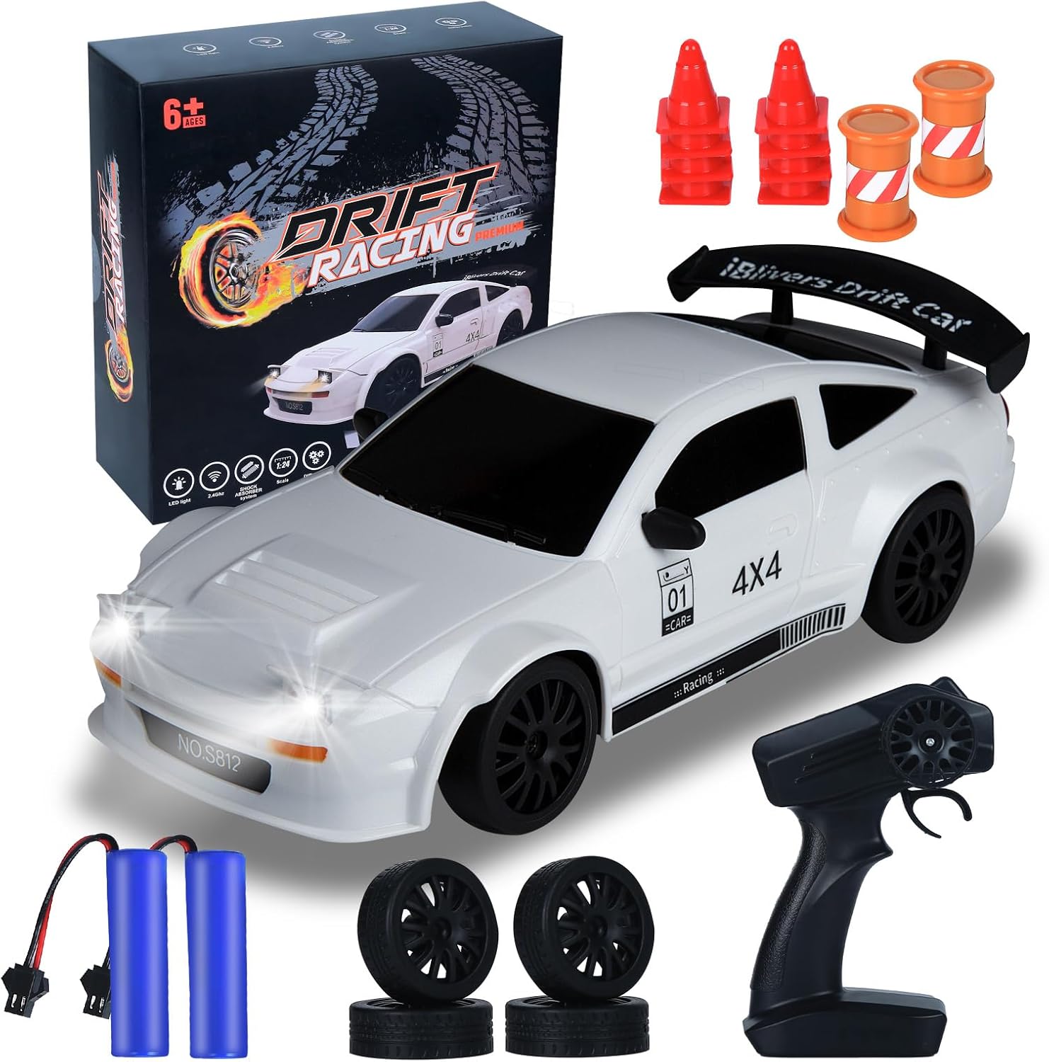 iBlivers Mini RC Drift Car with Full Proportional Throttle, 1:24 Remote Control Car 4WD Drift GT-RX7 RC Cars Vehicle High-Speed Racing RC Drifting Car Gifts Toy for Boys Kids (White)