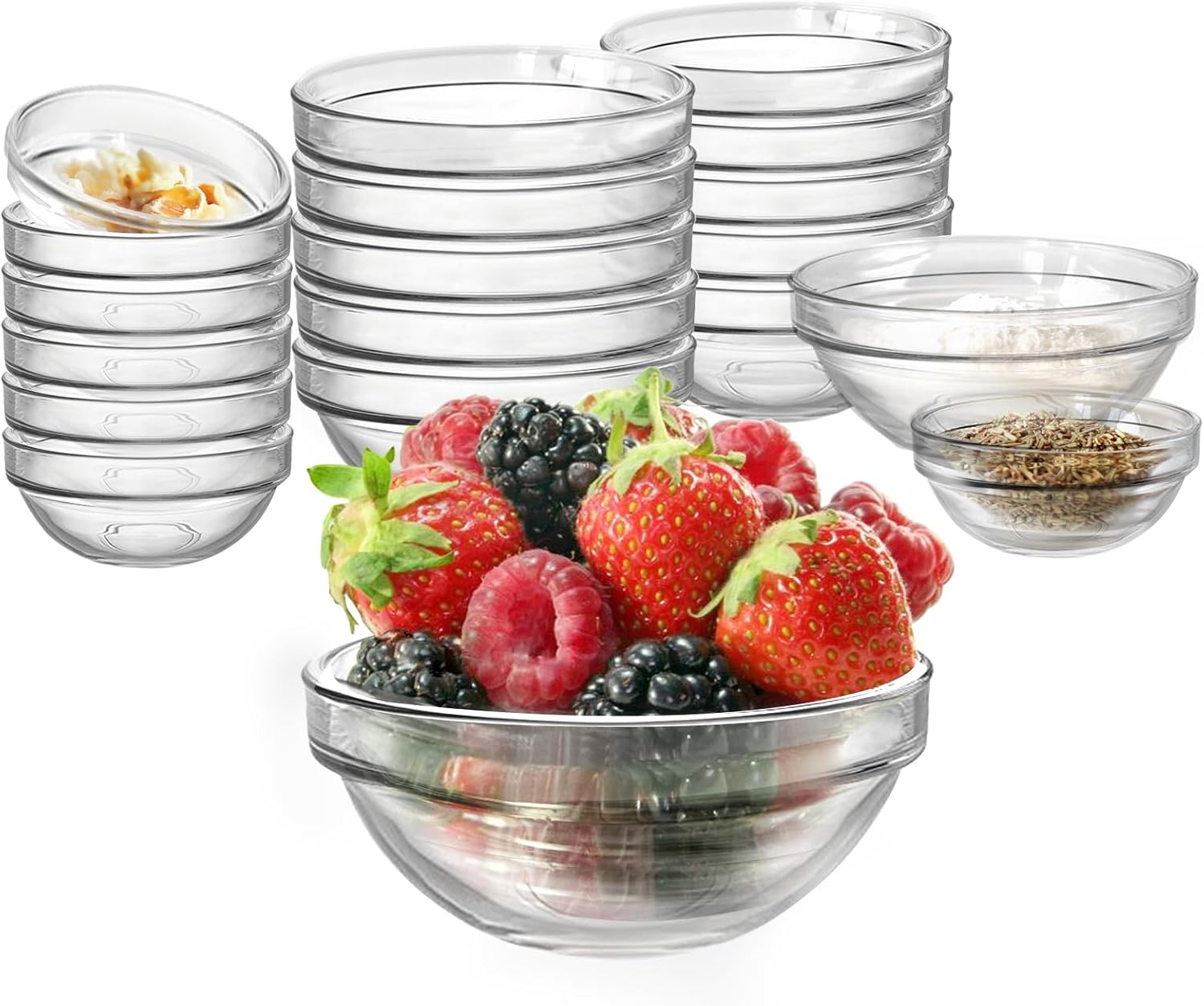 Etolies 20 pack Mini Glass Prep Pinch Bowls,3.5 Inch(4oz) Clear Small Glass Bowls Set of 12 pack and 2.3 Inch(1oz) 8 pack, Serving Bowls Stackable for Kitchen Prep, Dips,Cooking Toppings,Condiments.
