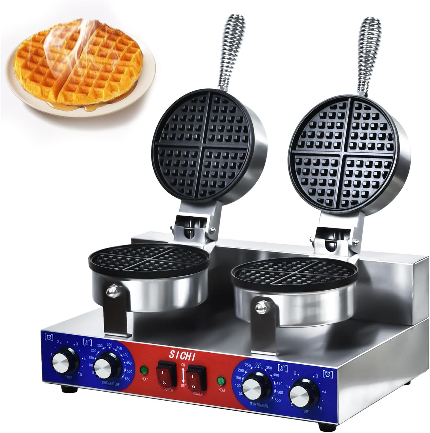 HTTSICHI Waffle Maker - Commercial Waffle Iron w/Two Non-stick 7 in Baking Pans, 550 ℉ Temperature and Timers, 2400W Dual Waffle Machine for Double Baking, Stainless Steel Waffle Maker for Restaurant