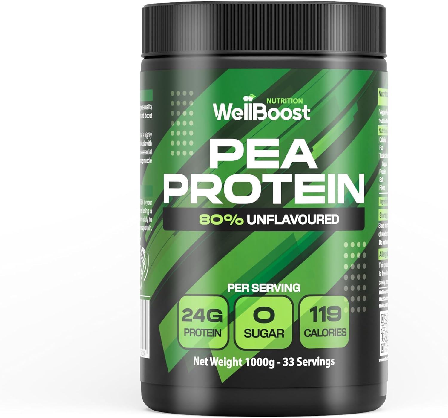WellBoost Pea Protein Powder 1000g – Plant-Based 80% Protein, Unflavoured & Sugar-Free Supplement for Lean Muscle Growth – 33 Servings