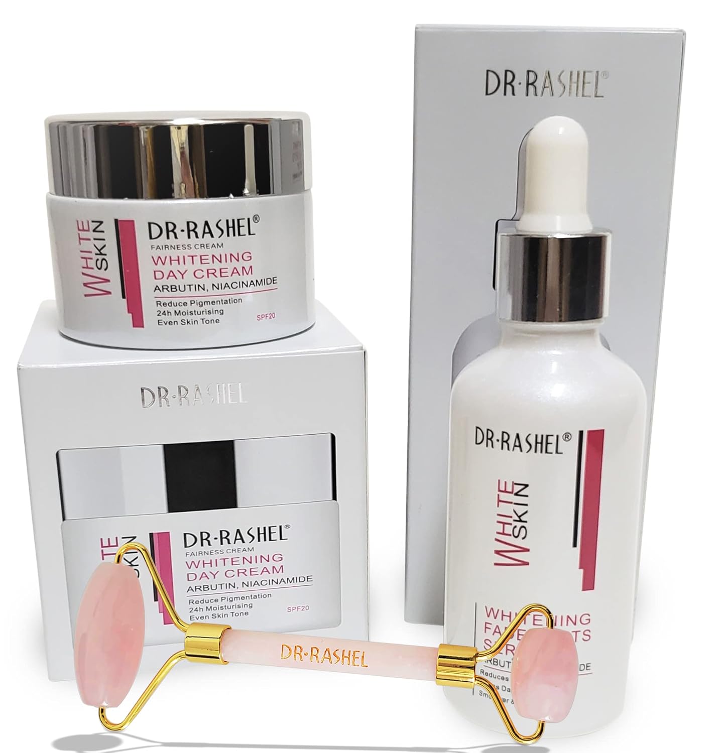 Fade Dark Spots Face Serum and Dr Rashel Fade Dark Spots Day Cream Bundle Pack + 1 Jade Pink Rose Roller Face Massager