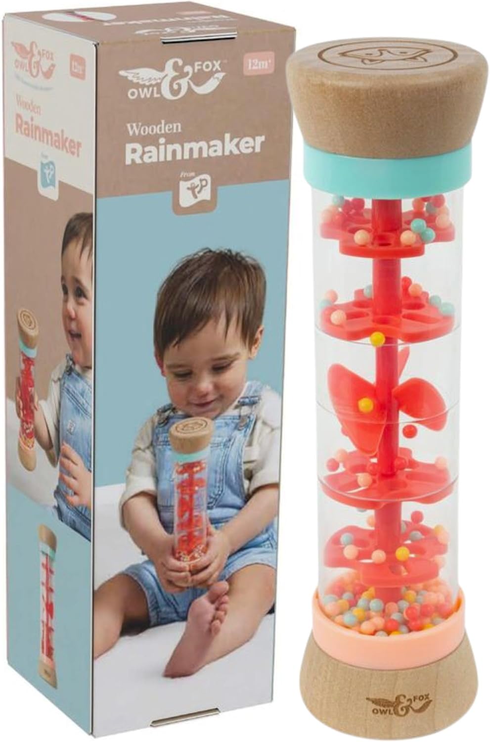 Owl & Fox Wooden Rainmaker Baby Rattle Toy - Soothing Sounds, Sensory Development and Music Exploration, Bold Colours for Visual Stimulation, Made from FSC Certified Wood, Perfect for Ages 12+ Months