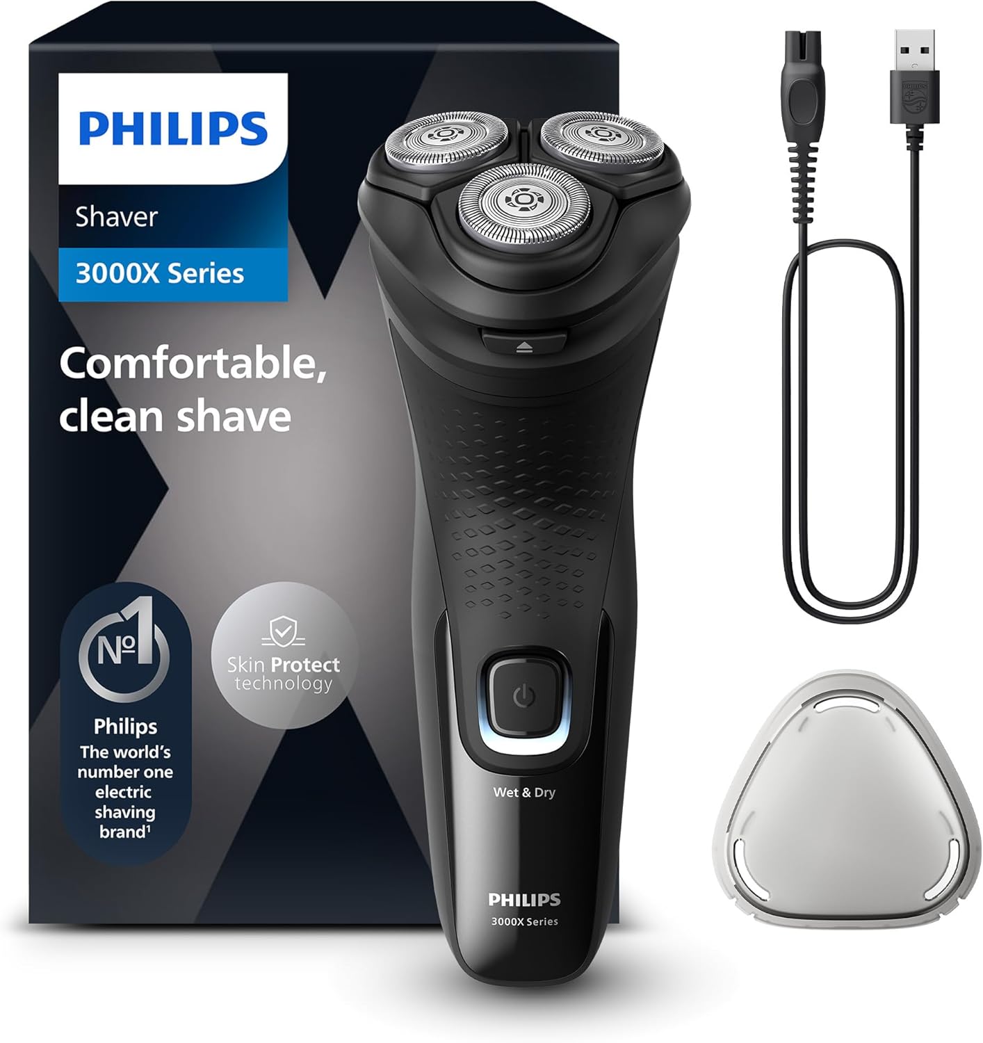 Philips Electric Shaver Series 3000X - Wet & Dry Electric Shaver for Men in Deep Black, with SkinProtect Technology, Pop-up Beard Trimmer, Ergonomic Men's Shaver (Model X3001/00)