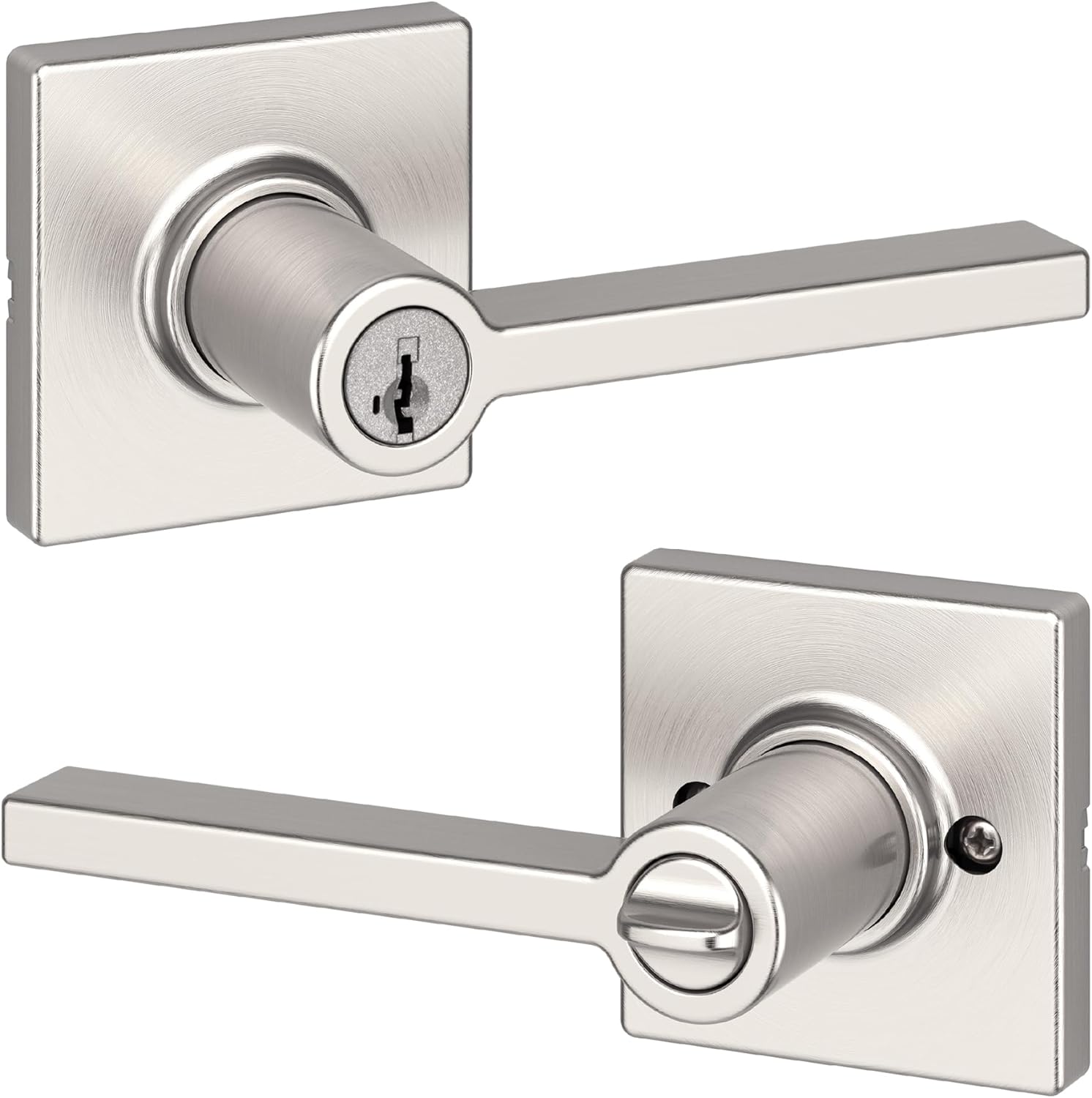 Kwikset Casey Entry Door Handle with Lock and Key, Secure Keyed Reversible Lever Exterior, For Front Entrance and Bedrooms, Satin Nickel , Pick Resistant Smartkey Rekey Security and Microban