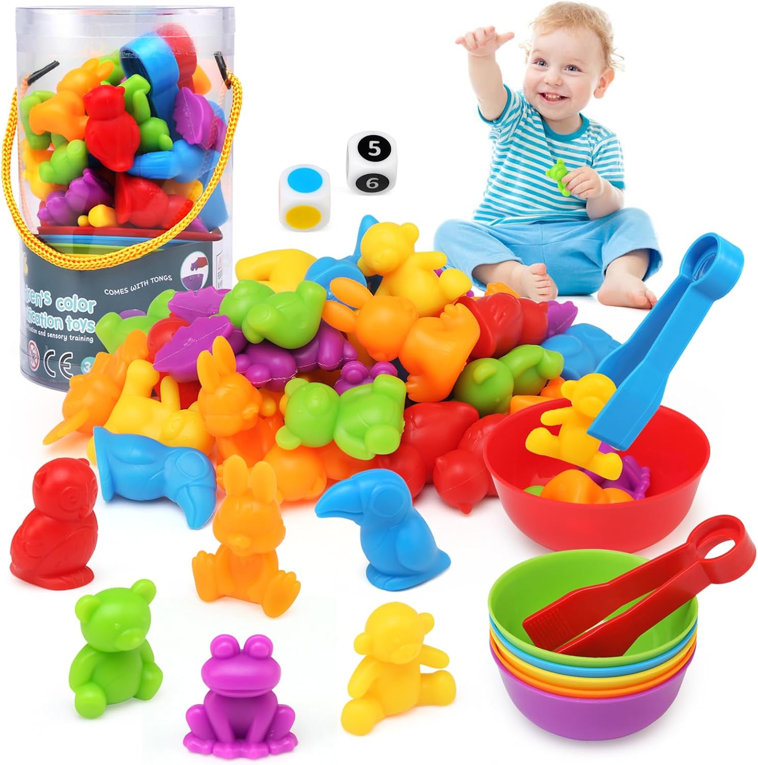 Ballery Colour Sorting Toys, Montessori Counting Toys, 46pcs Rainbow Counting Game with Matching Bowl Dices and Tweezers, Counting Toys Matching Games for 3 4 5 Years Old Boys Girls Kid
