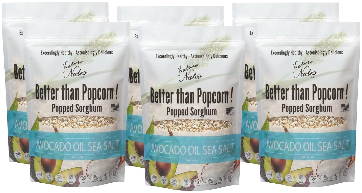 Nature Nate’s Popped Sorghum, Avocado Oil Sea Salt - Organic Sorghum, Keto & Gluten Free, Healthy Snacks, Better Than Popcorn, Made in USA - 5 Ounce (Pack of 6)