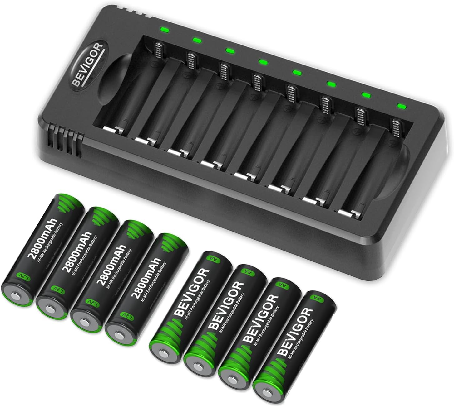 BEVIGOR 8 Pcs 2800mAh AA Rechargeable Batteries with 8 Slot LED Smart Battery Charger Set, Type C Fast Charging for Ni-MH/Ni-CD Rechargeable Batteries