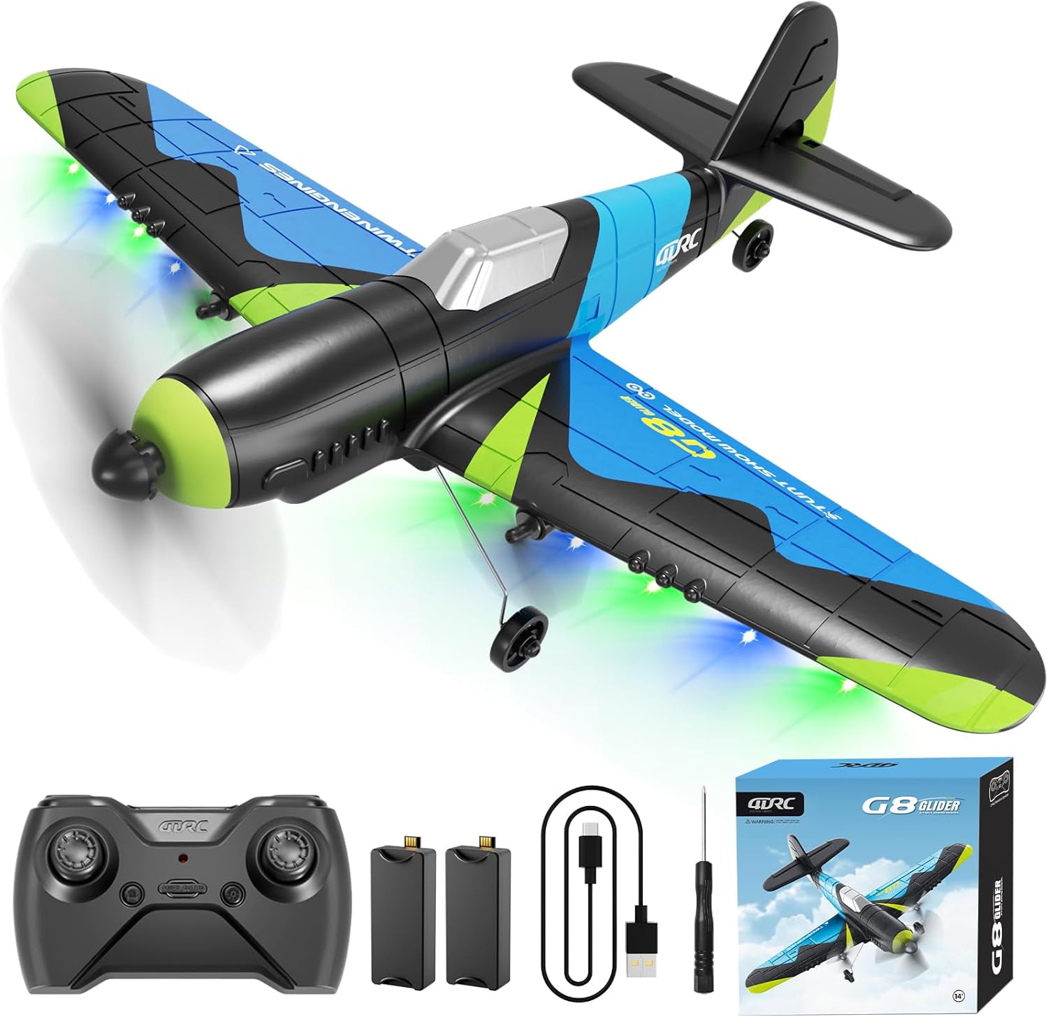 4DRC G8 RC Plane with 2 Take-off Modes, 2 Batteries and Light, 2.4GHz 6 axis Gyro Stabilizer RTF Glider Remote Control Aircraft Planes Jet Fighter Toys Gift for Kids Beginners Adults