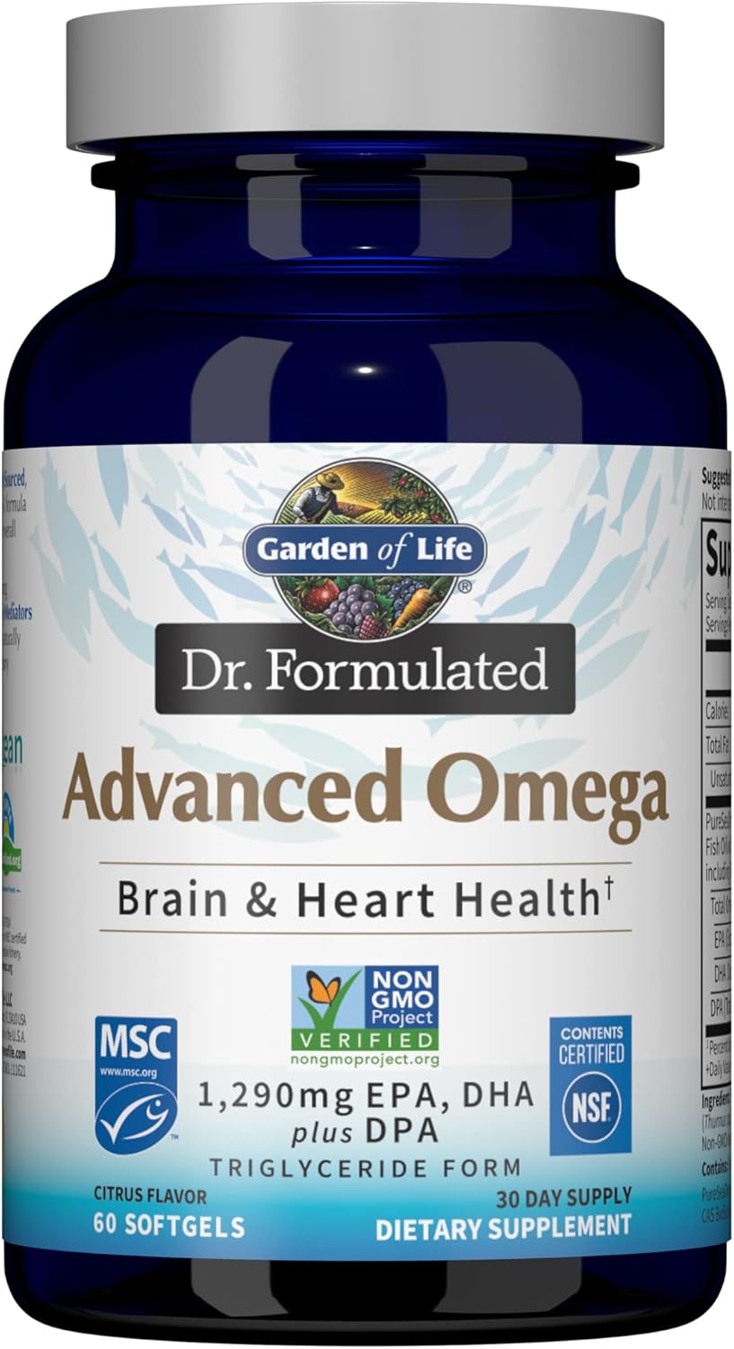 Garden of Life Dr. Formulated Advanced Omega Fish Oil - Lemon, 1,290mg EPA, DHA + DPA in Triglyceride Form, Single Source Omega 3 Supplement for Ultimate Brain & Heart Health, Non-GMO, 60 Softgels