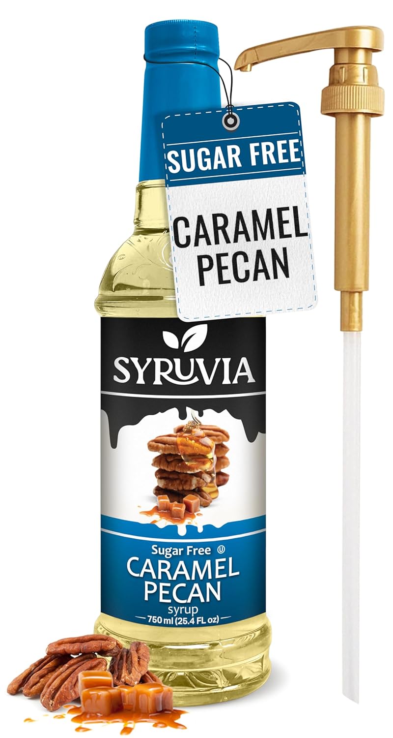 Syruvia Sugar Free Coffee Syrup, Caramel Pecan Flavored Syrup for Drinks, Lattes, and Desserts – 25.4 fl oz, With Pump