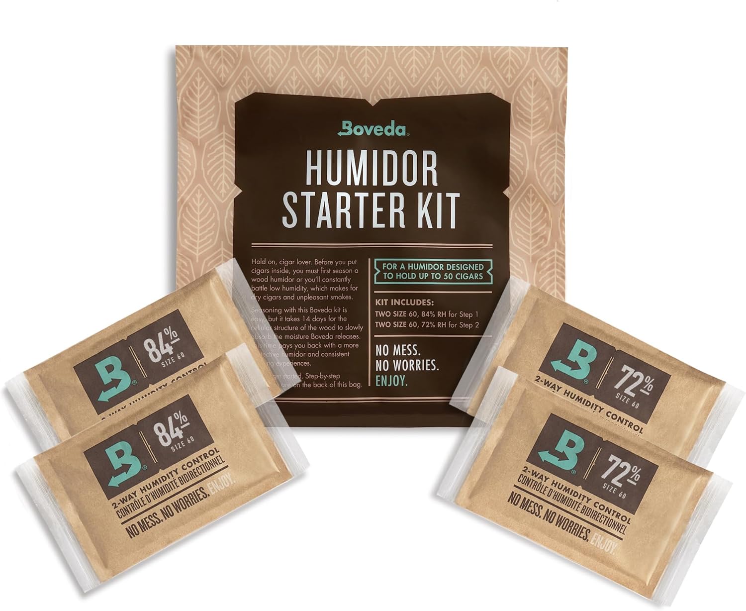 Boveda Humidor Starter Kit Bundle: Season a Wood Humidor Plus Maintain Humidity with 2-Way Humidity Control | Includes (2) Each Size 60 Boveda 84% RH & 72% RH | 1-Count