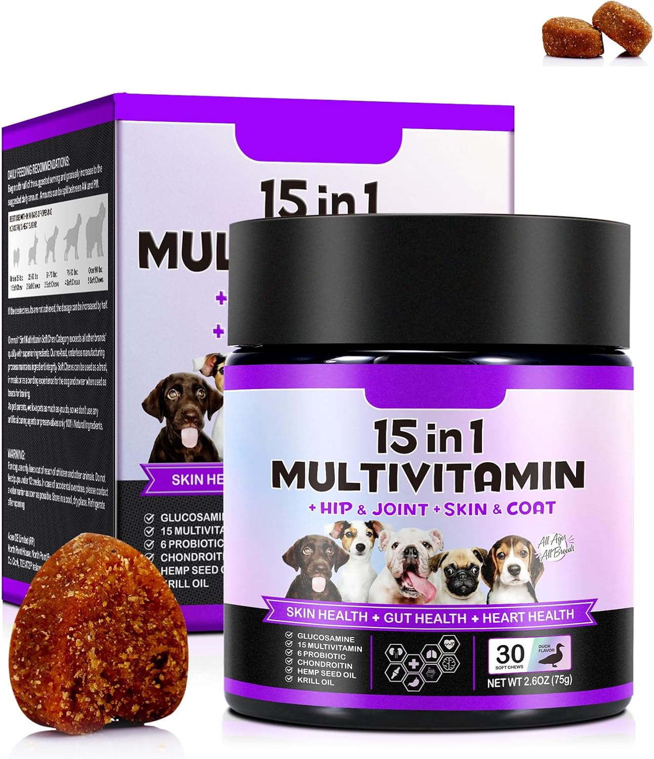 15 in 1 Dog Multivitamin Treats, 30 Chews Vitamins Supplements for Dogs, Dog Supplements, Hip & Joint Supplements, Immune System, Skin & Coat, vitamins for dogs for All Breeds and Ages