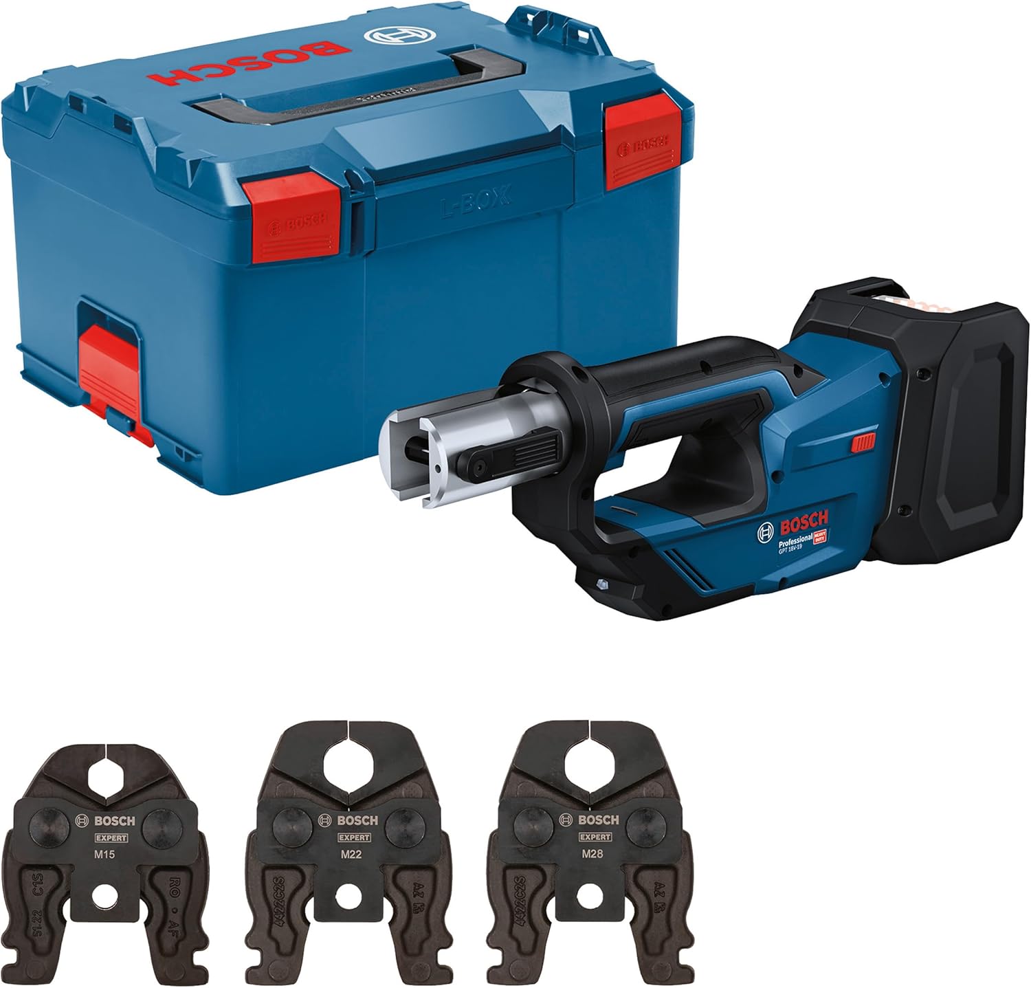 Bosch Professional 18V System Cordless Press Tool GPT 18V-19 (Power of 19 kN, 360° rotatable Head, incl. Press Jaw Comp M15, M22, M28, L-BOXX)