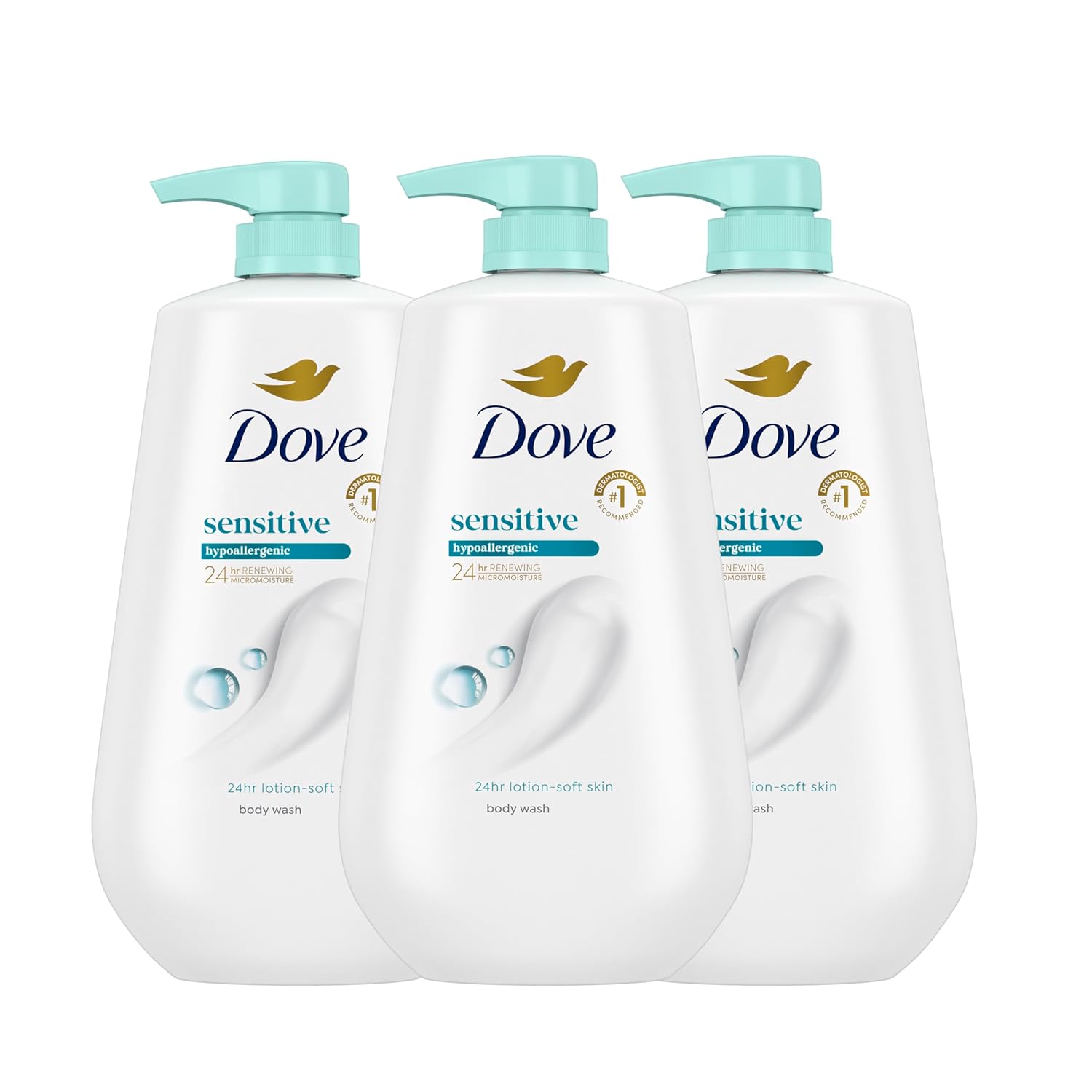 Dove Body Wash 3 Count Sensitive Skin For 24hr Lotion-Soft Skin Moisturizing Skin Cleanser Gentle Hypoallergenic Formula with No Sulfates No Parabens