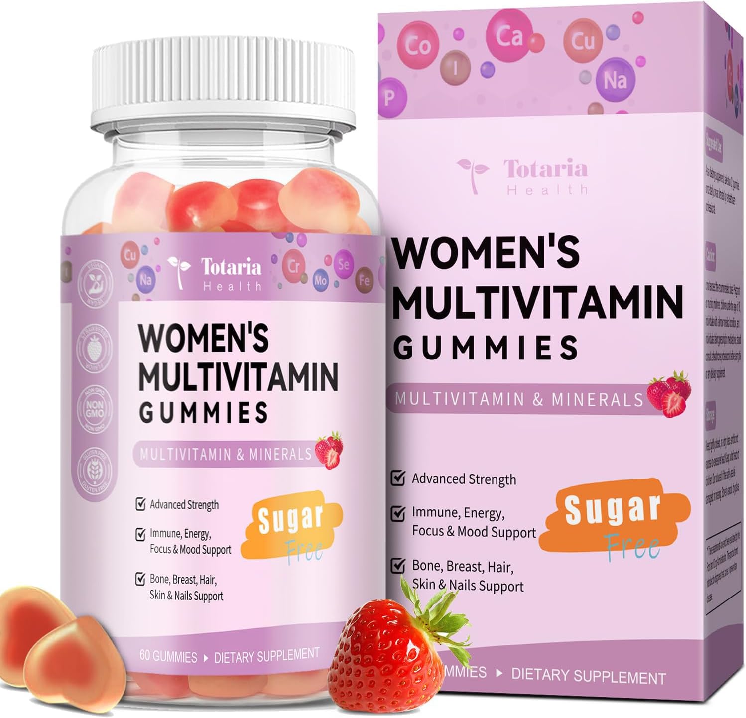 Sugar Free Multivitamin Gummies for Women 14+ w/Iron, Inositol, Folate, Biotin, Womens Daily Multivitamin Gummy w/Vitamin A, C, B, D3, K2, for Hair, Skin, Energy, Immune, Strawberry Flavor