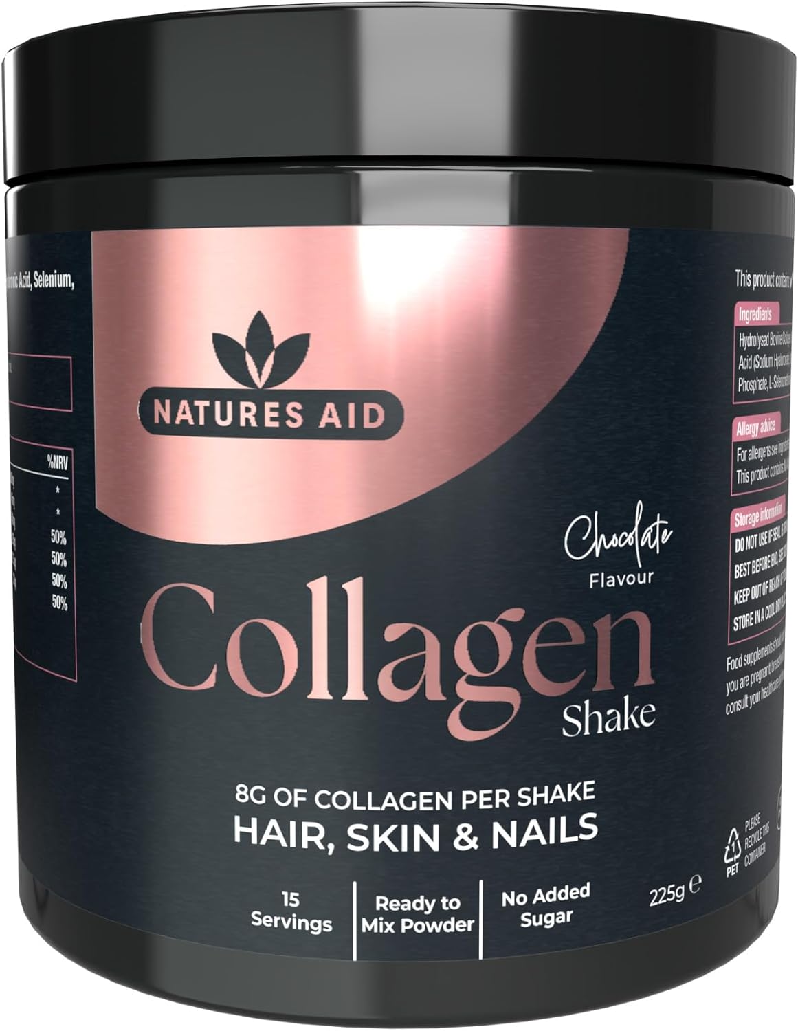 Natures Aid Collagen Shake Powder 8000 mg, Premium High Strength Hydrolysed Bovine Collagen Peptides with Added Hyaluronic Acid Selenium Biotin and Vitamin C, Chocolate, 225 g
