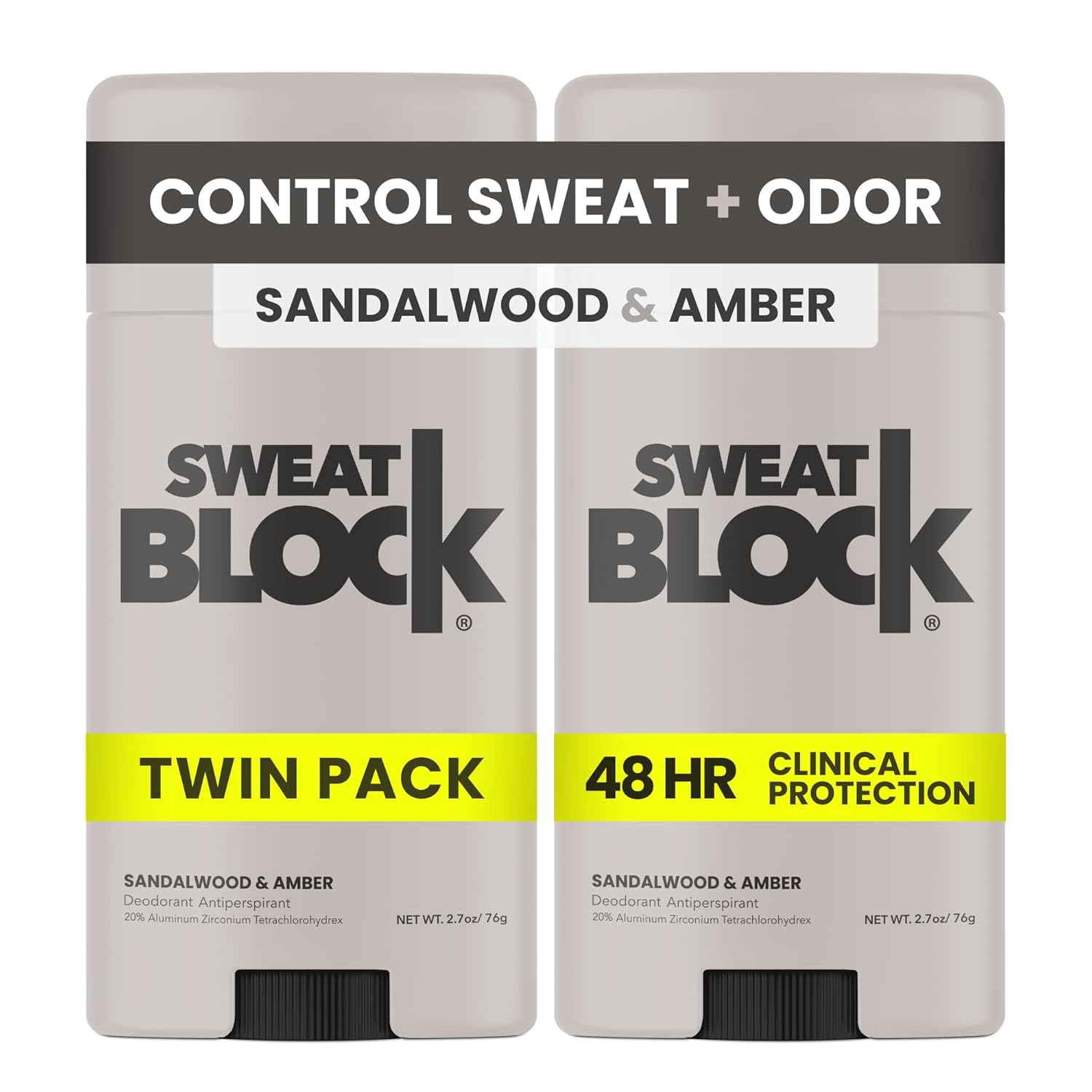 SweatBlock Clinical Strength Deodorant and Antiperspirant for Men and Women Sandalwood & Amber Scent 2 Pack 48 Hour Protection Against Odor & Excessive Sweat Ideal for Active Lifestyles and Daily Use