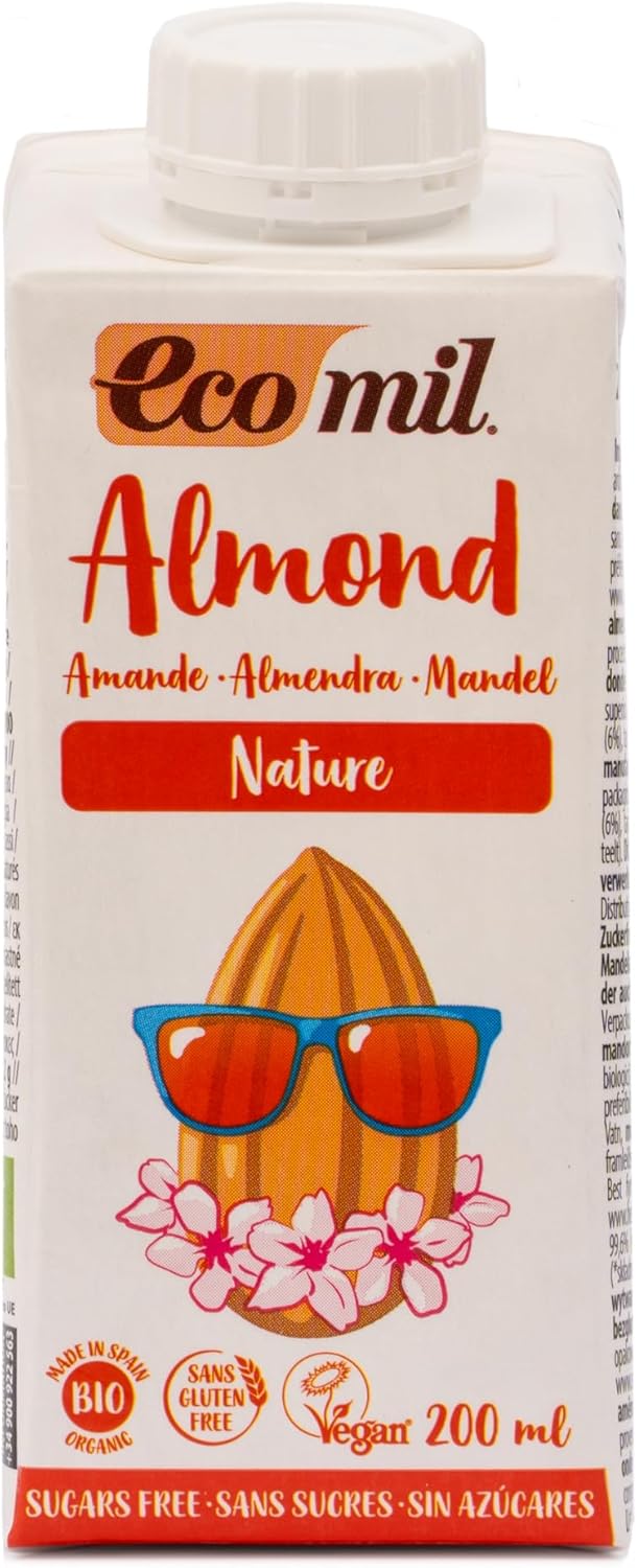Ecomil Organic Sugar-Free Almond Drink | Unsweetened, Gluten-Free, Vegan – Single-Serve Carton – Plant-Based, 200ml (Pack of 6)