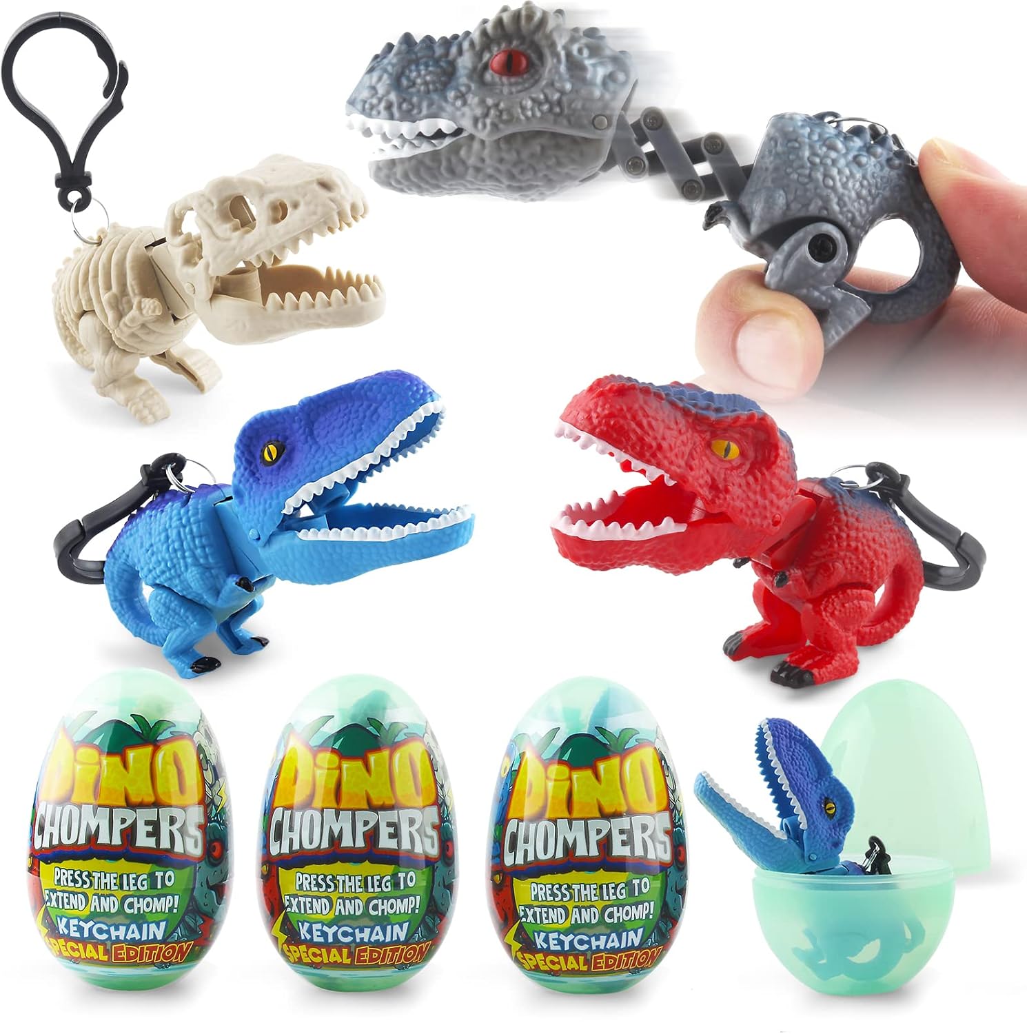 DINOBROS Easter Egg with Dinosaur Toys Filled for Kids, 4 Surprise Eggs Easter Basket Stuffers Fillers with Dino Chomper Birthday Party Favors Gift for Boys and Girls