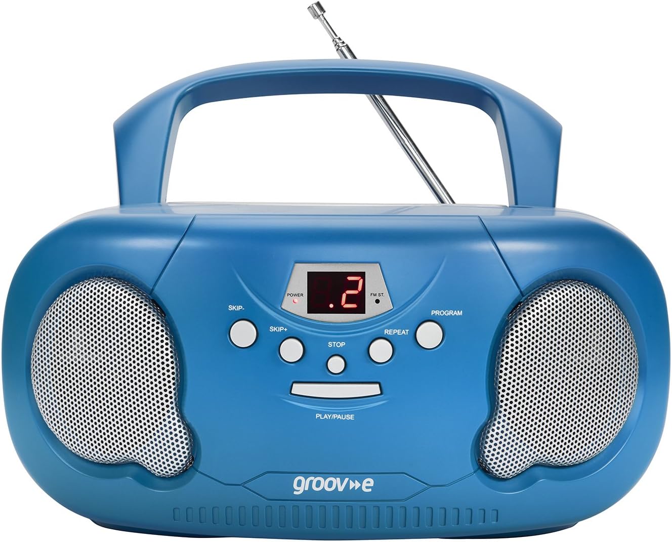 groov e Orginal Boombox - Portable CD Player with Radio, 3.5mm Aux Port, & Headphone Socket - LED Display, 2 x 1.2W Speakers - Battery or Mains Powered - Blue