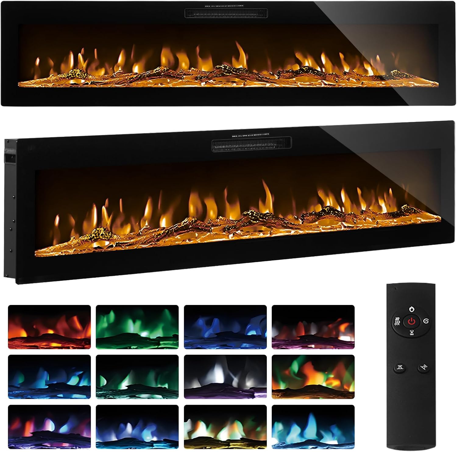 Electric Fireplace Recessed 50"/60" Media Wall Fire with Full Tempered Glass 12 Flame Colors & 5 Speeds 750W/1500W Heater with Remote/Touch Control Timer (60inch/152cm)